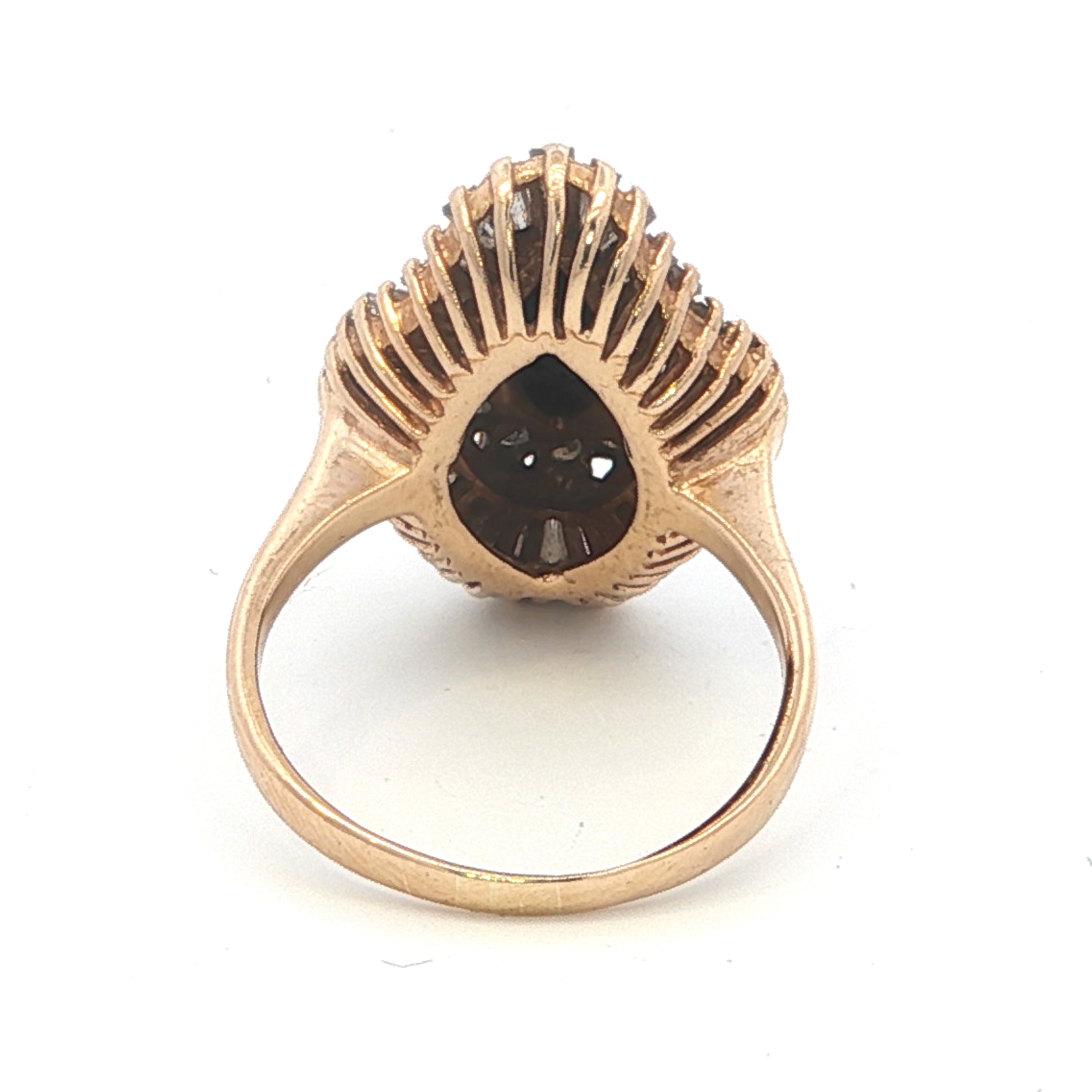 Rose gold ring with a central gemstone on a white background