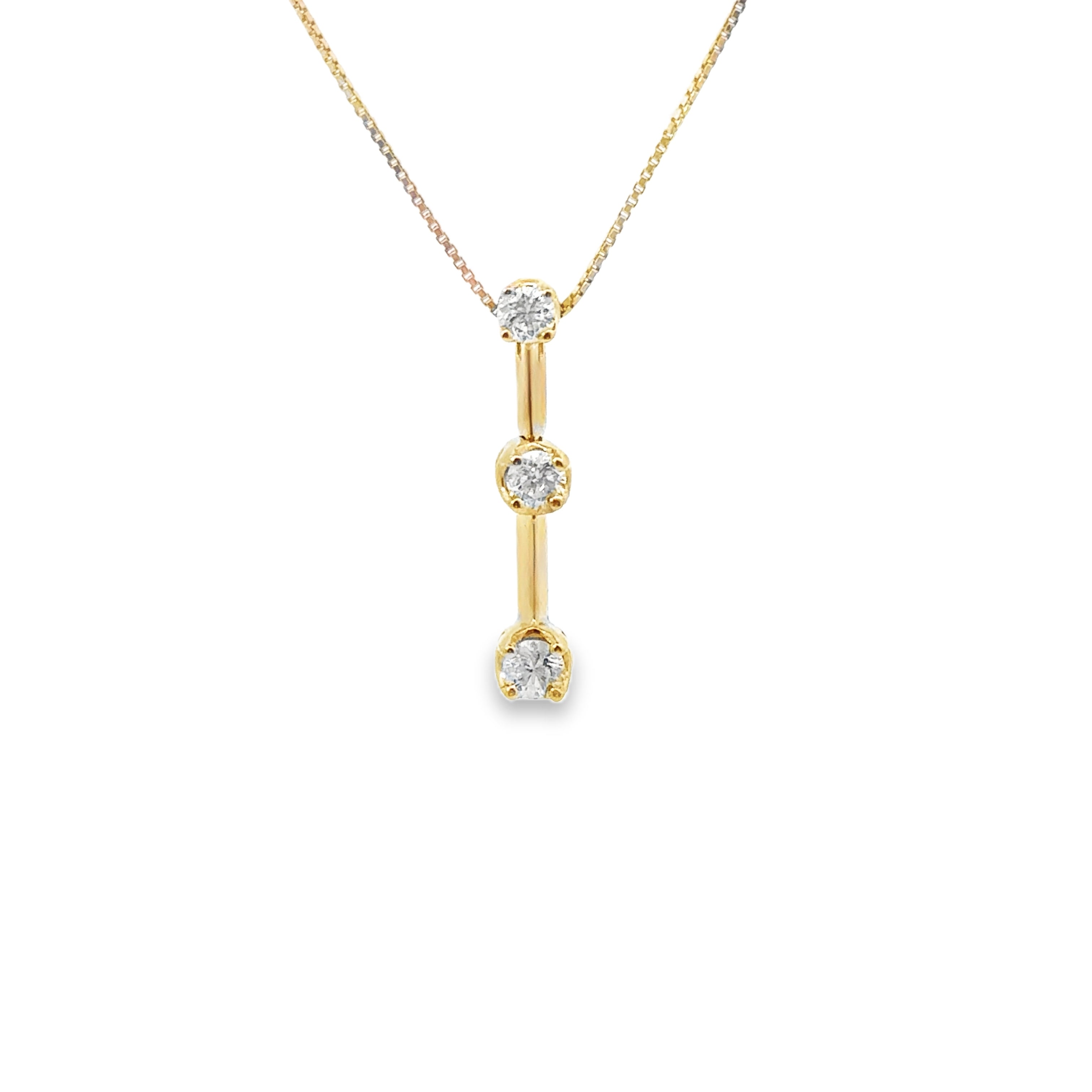Front view estate 14k yellow gold diamond drop graduated pendant necklace