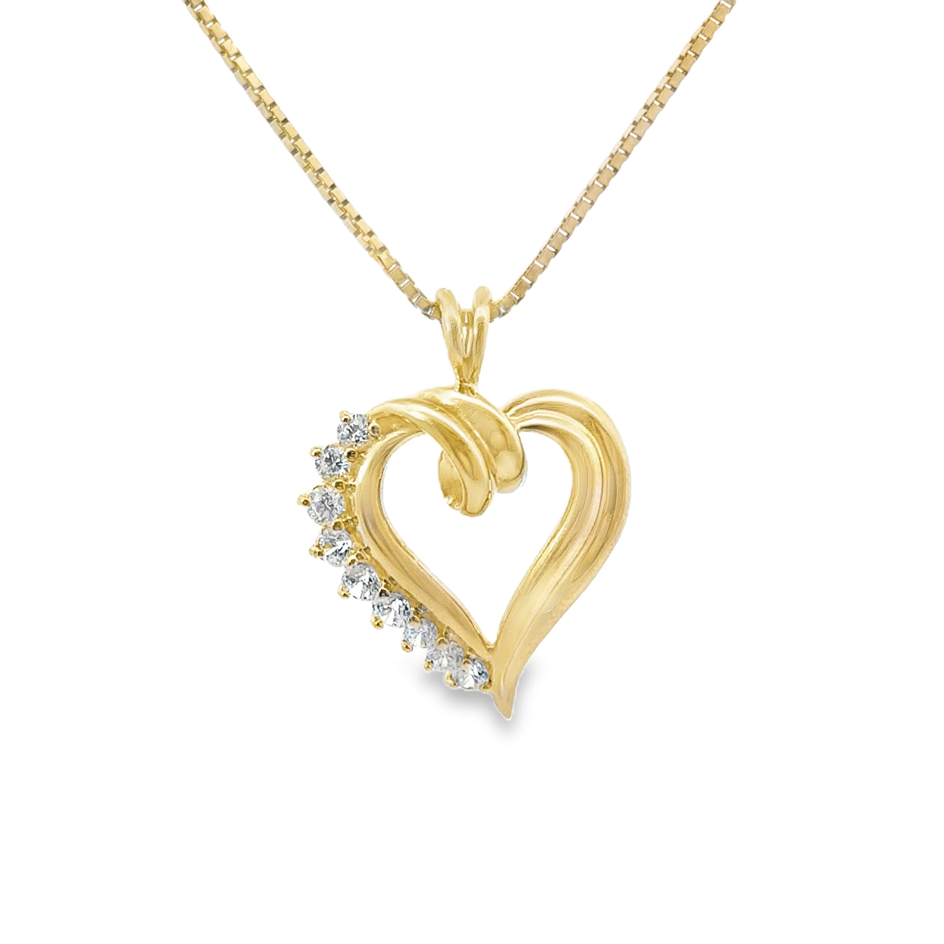 Estate Collection: 14K Yellow Gold CZ Heart Pendant Necklace with New 10K Yellow Gold Box Chain