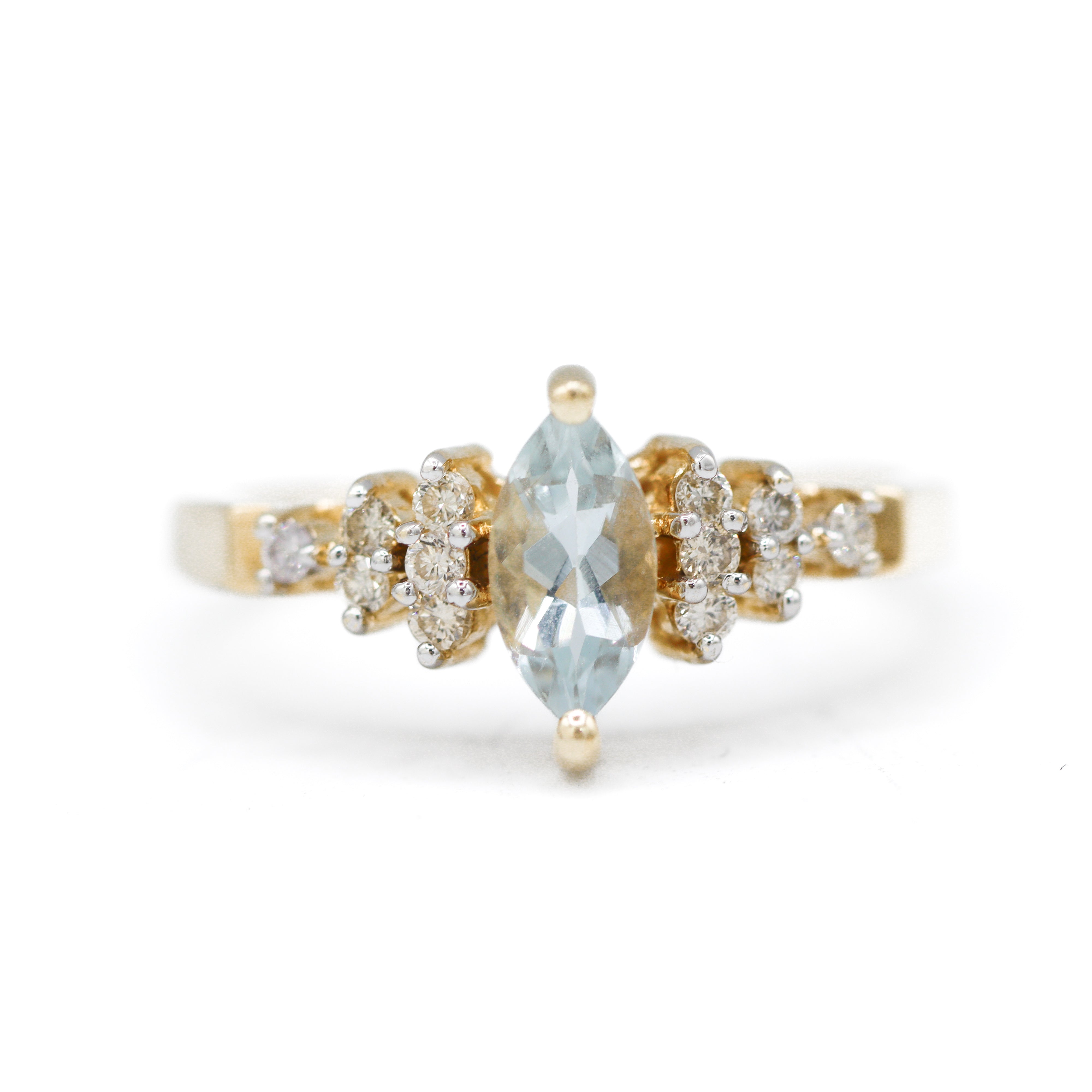 Estate Collection: 14K Yellow Gold Light Blue Marquise-Cut Gemstone & Diamond Ring