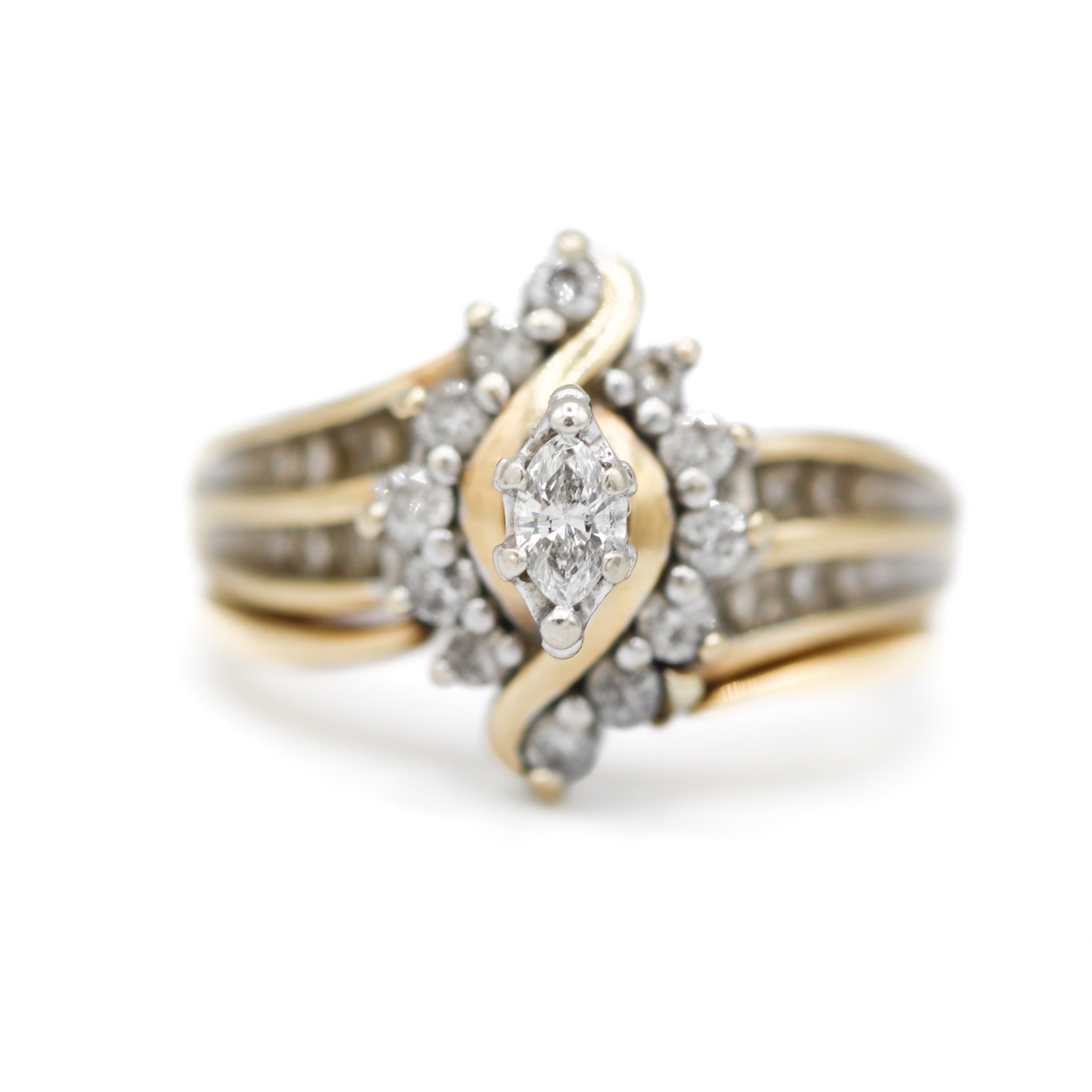 Estate Collection: 14K Yellow Gold Marquise-Cut Diamond Swirl Ring & Enhancer Band Soldered Set