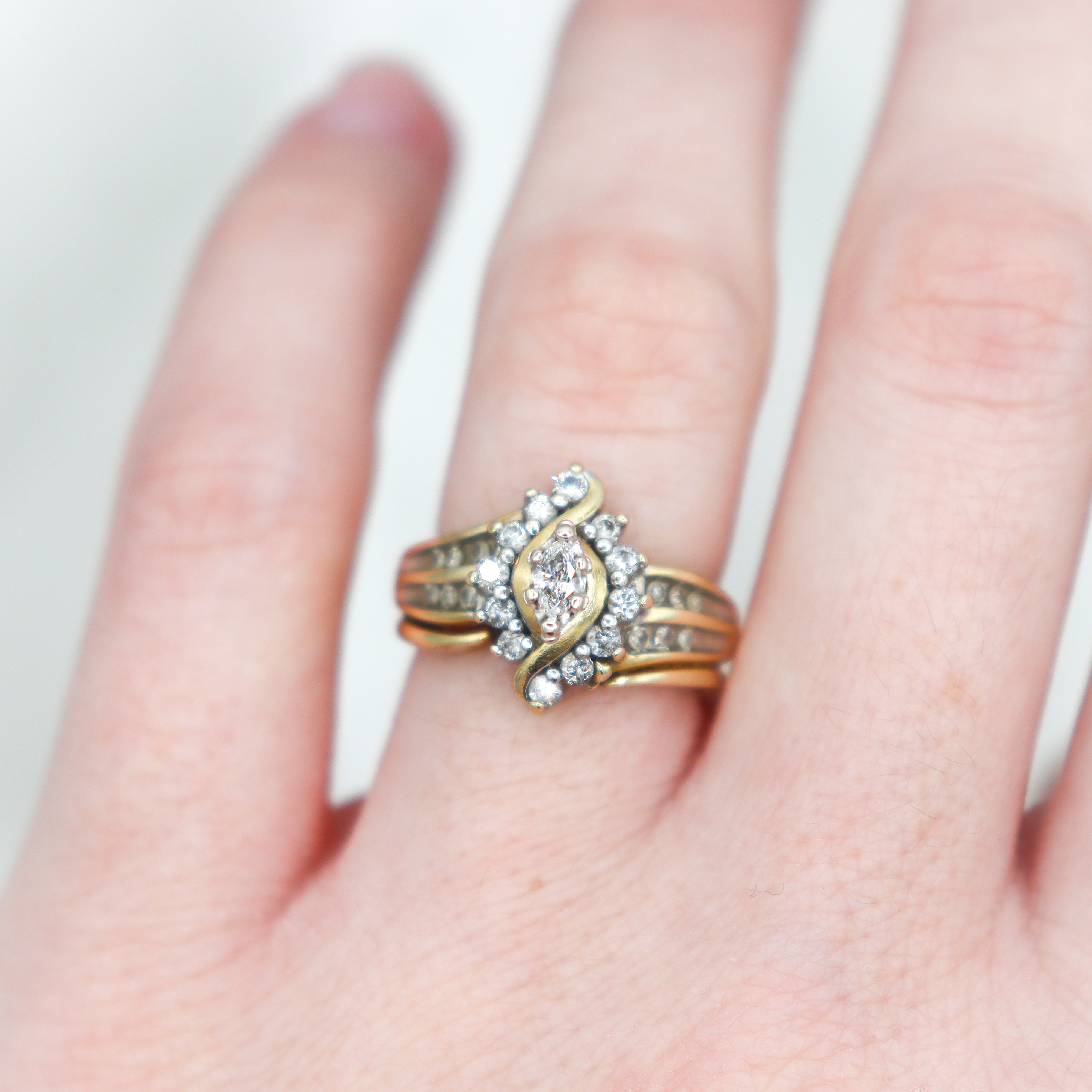 Estate Collection: 14K Yellow Gold Marquise-Cut Diamond Swirl Ring & Enhancer Band Soldered Set