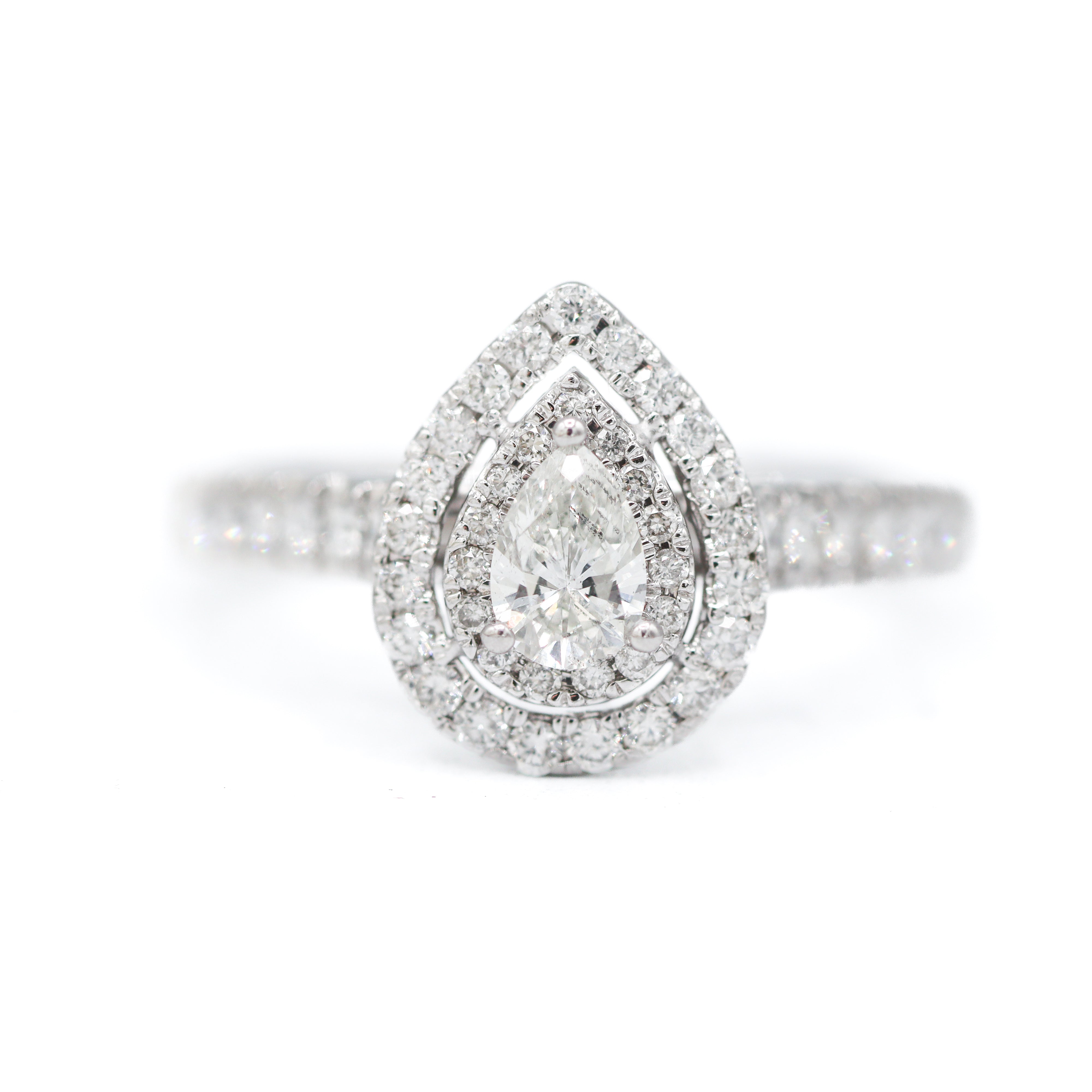 Estate Collection: 14K White Gold 1CTW. Diamond Pear-Cut Accented Double Halo Engagement Ring