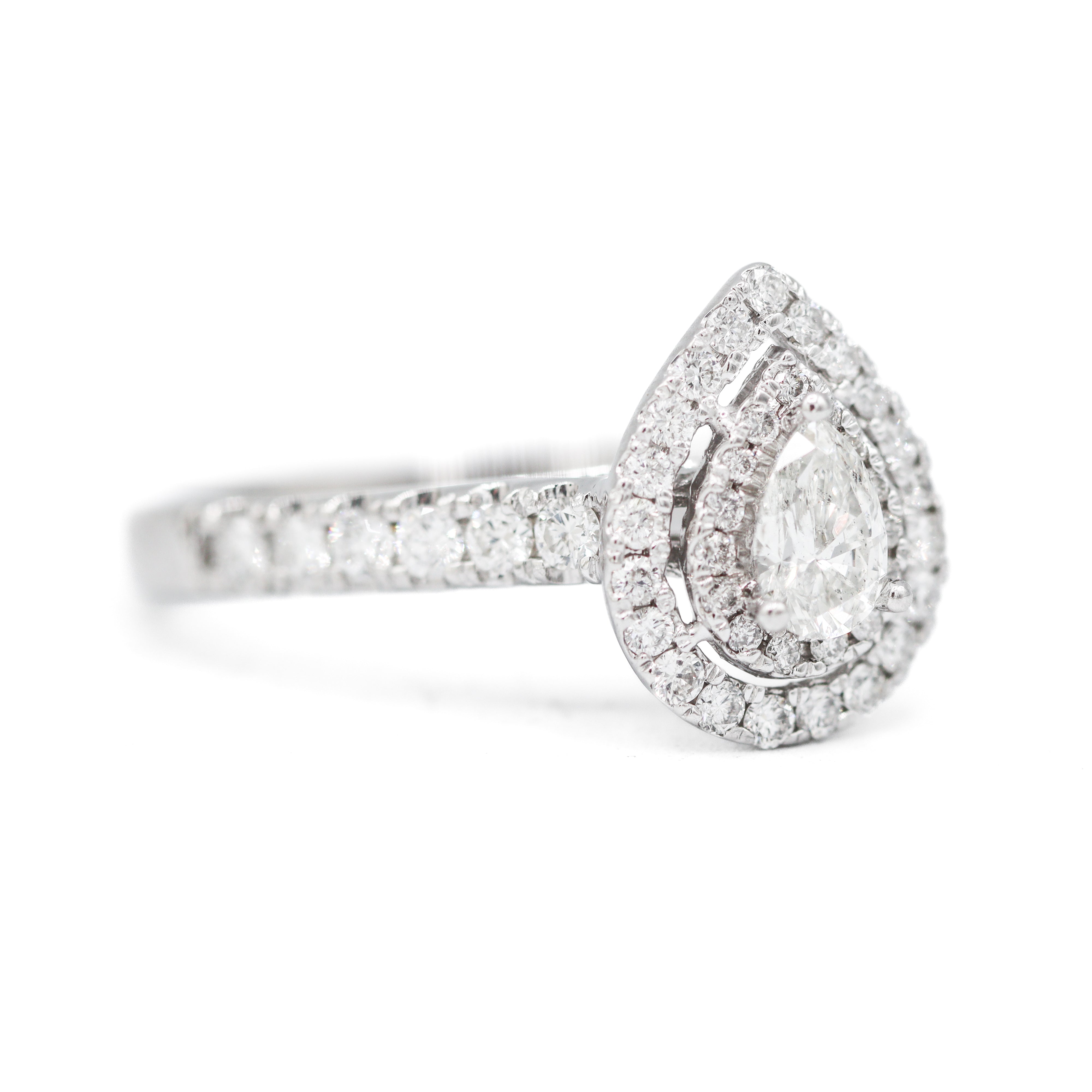 Estate Collection: 14K White Gold 1CTW. Diamond Pear-Cut Accented Double Halo Engagement Ring