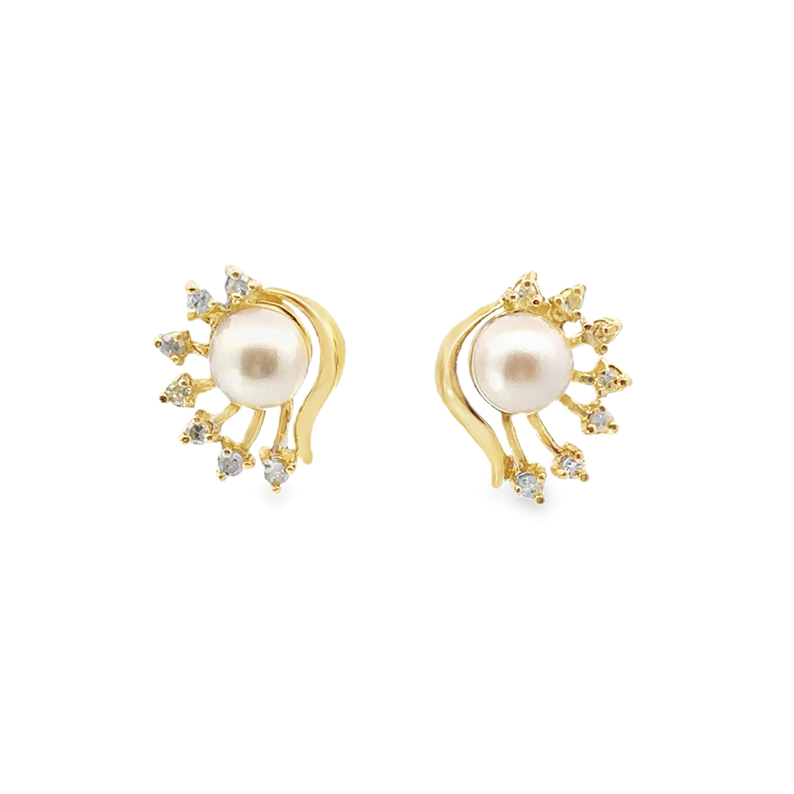 Estate Collection: 14K Yellow Gold Pearl Earrings With Diamond Accents