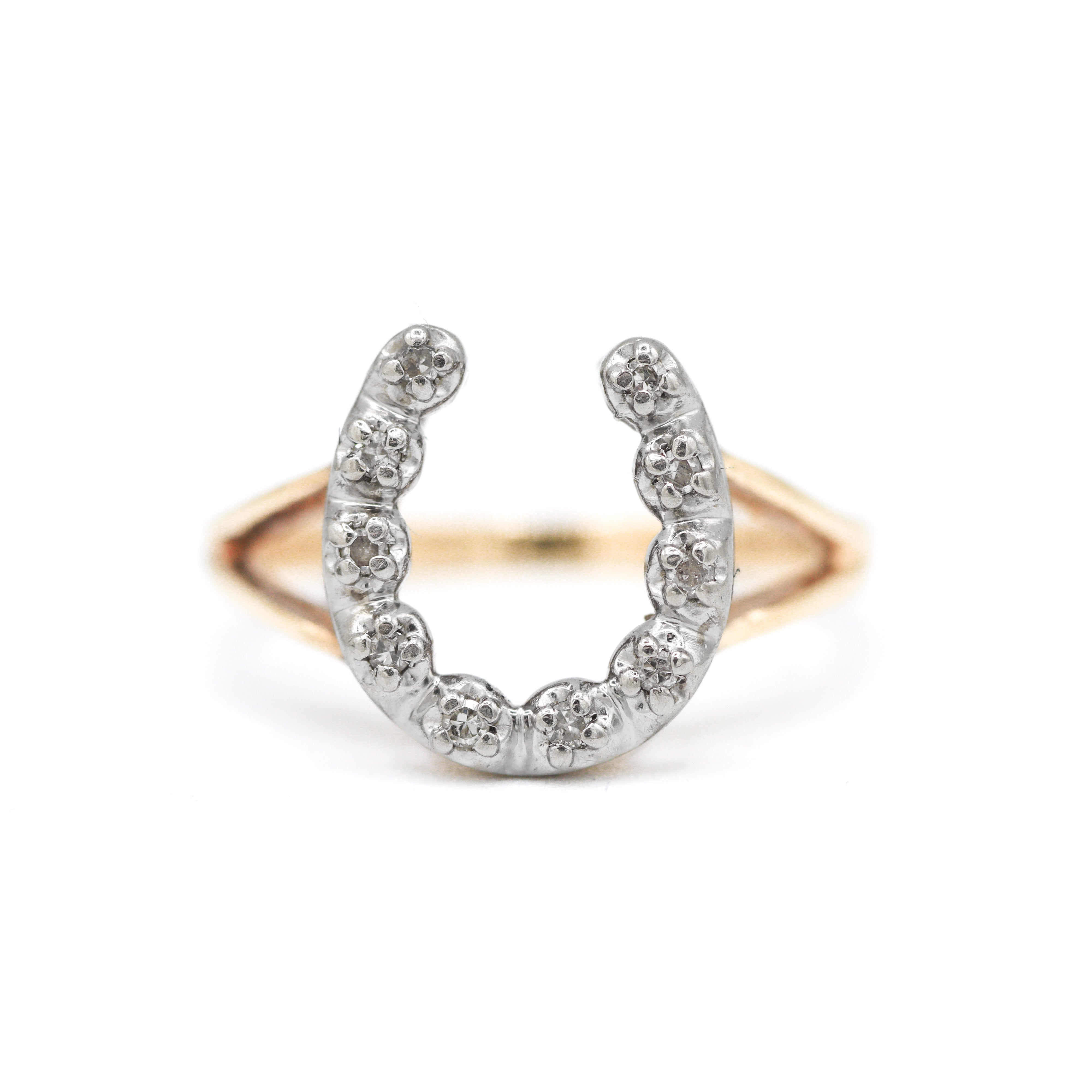 Front View Estate 10K Yellow Gold Diamond Horseshoe Ring