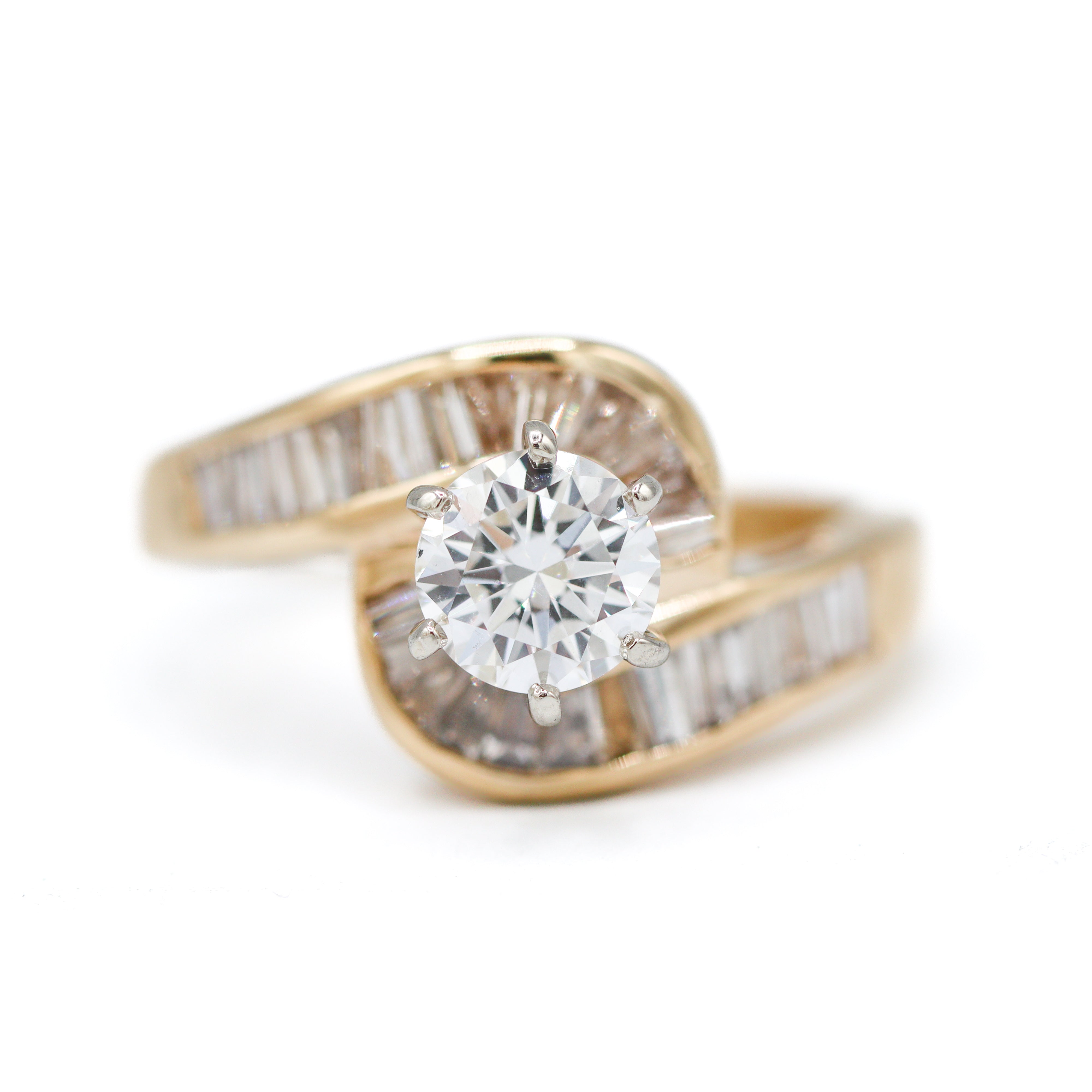 Estate Collection: 14K Yellow Gold Certified 1CT. Lab-Grown Round Diamond With Natural Baguette Diamond Accents Engagement Ring