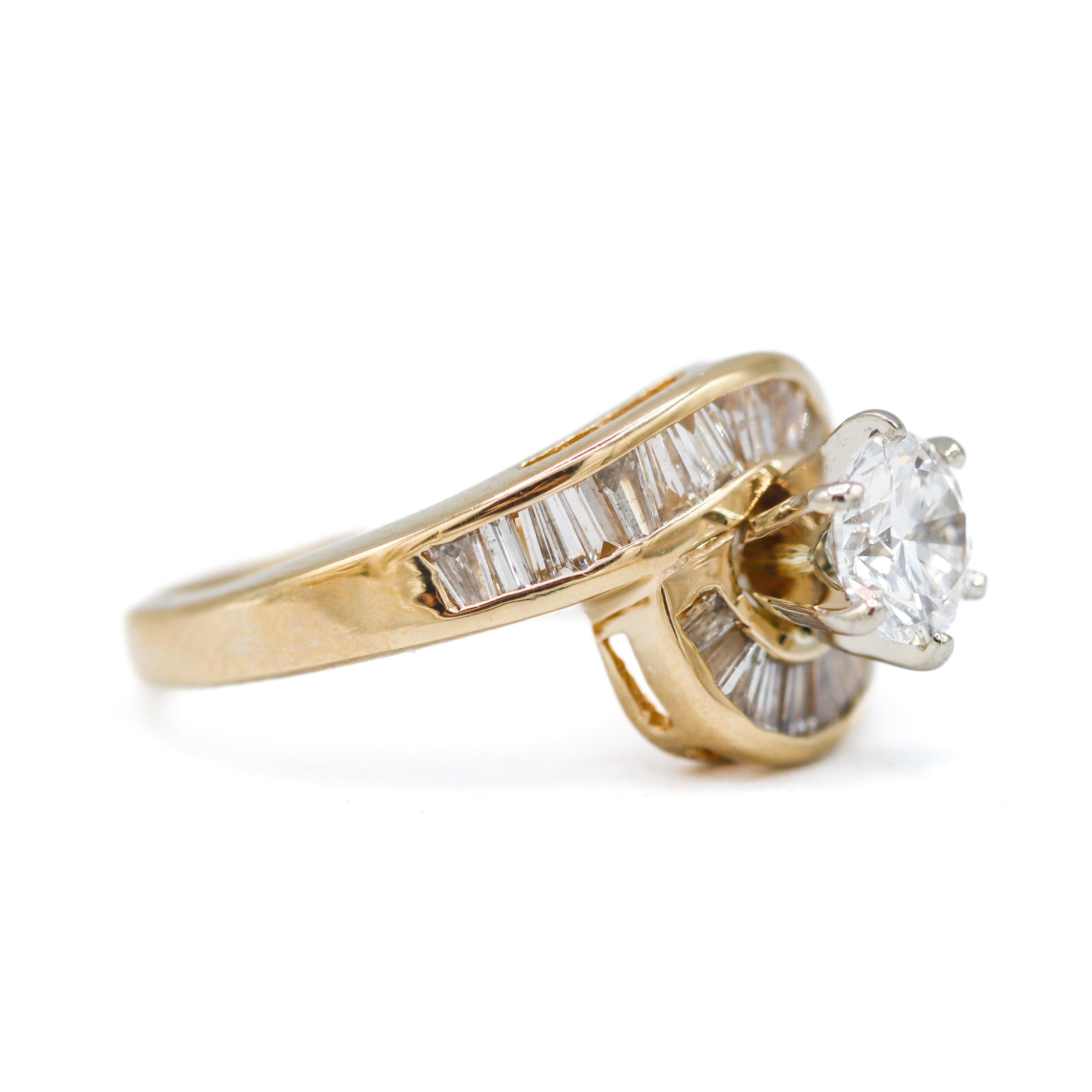 Estate Collection: 14K Yellow Gold Certified 1CT. Lab-Grown Round Diamond With Natural Baguette Diamond Accents Engagement Ring