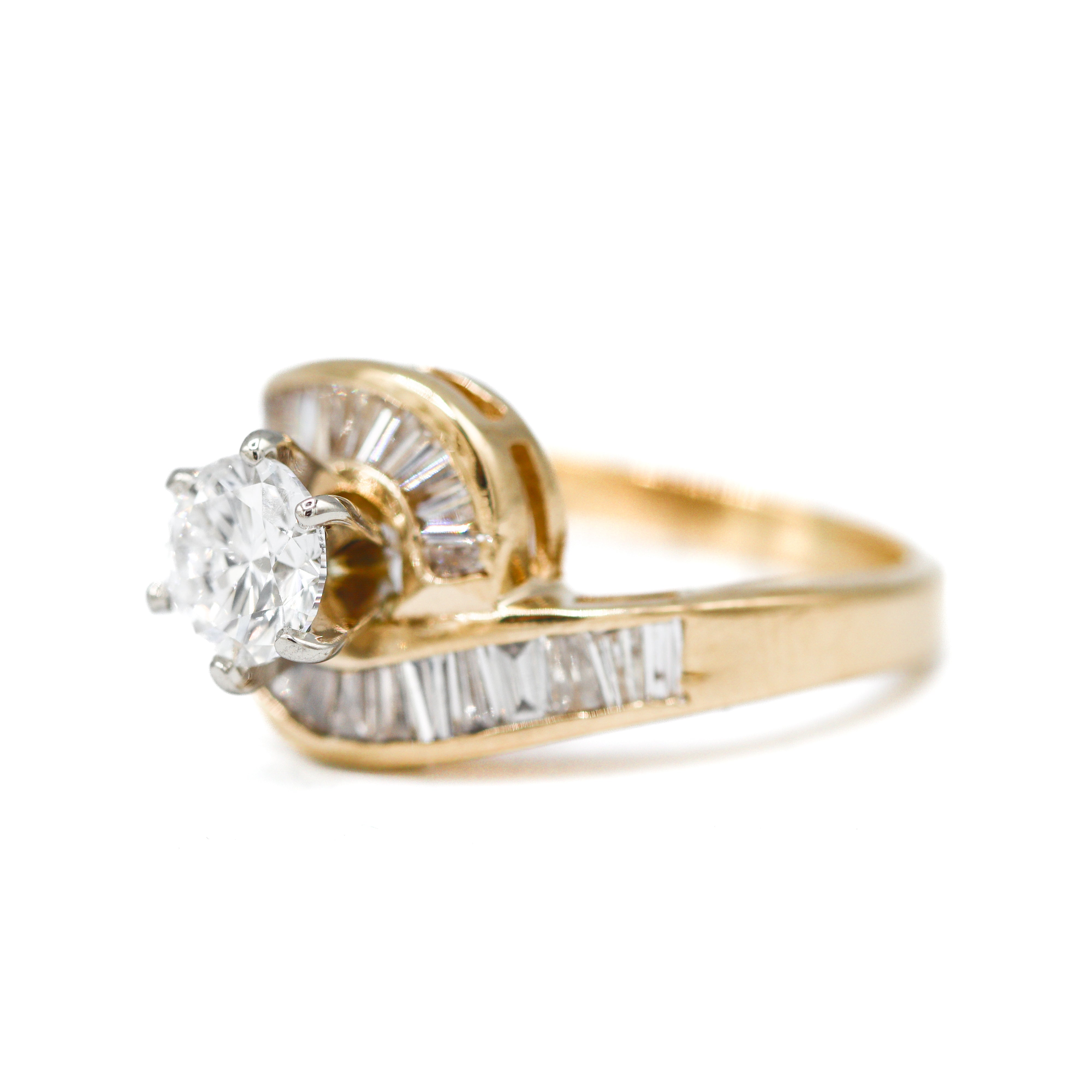 Estate Collection: 14K Yellow Gold Certified 1CT. Lab-Grown Round Diamond With Natural Baguette Diamond Accents Engagement Ring