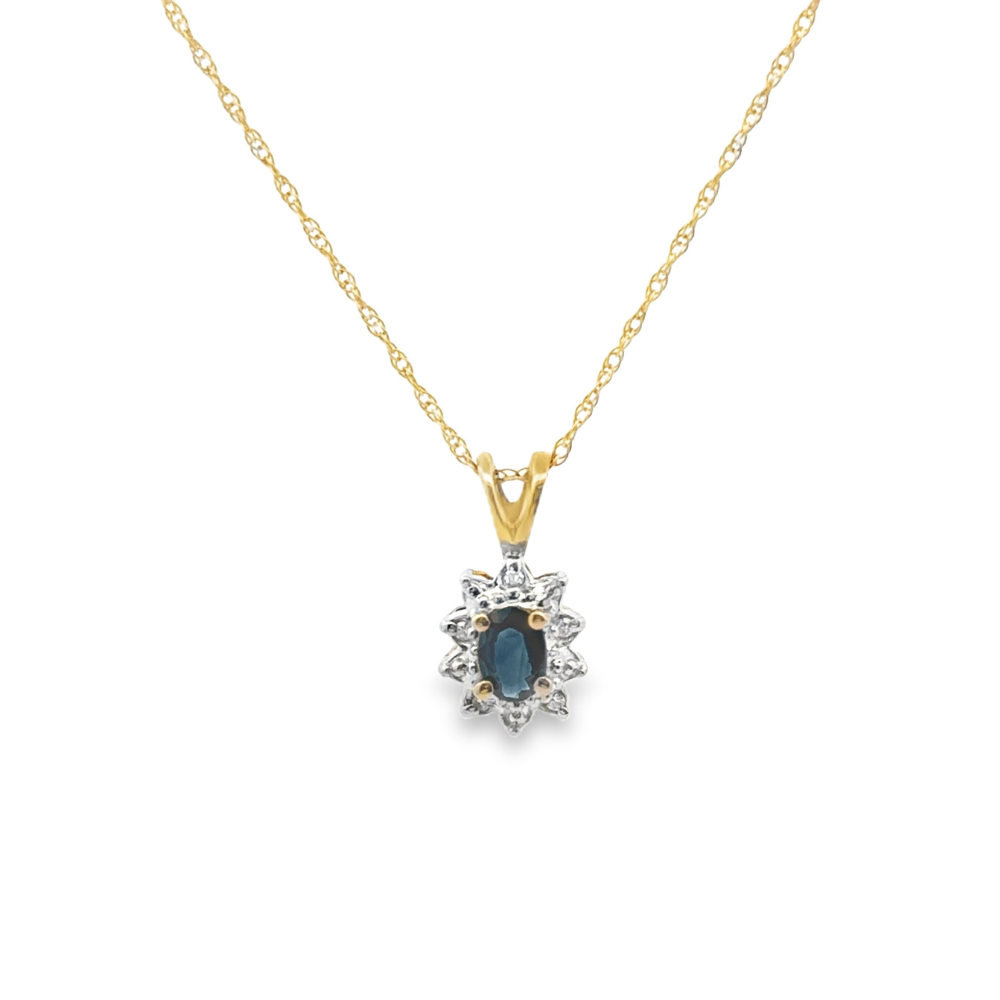 Estate Collection: 10K Yellow Gold Oval-Cut Sapphire & Diamond Halo Pendant Necklace