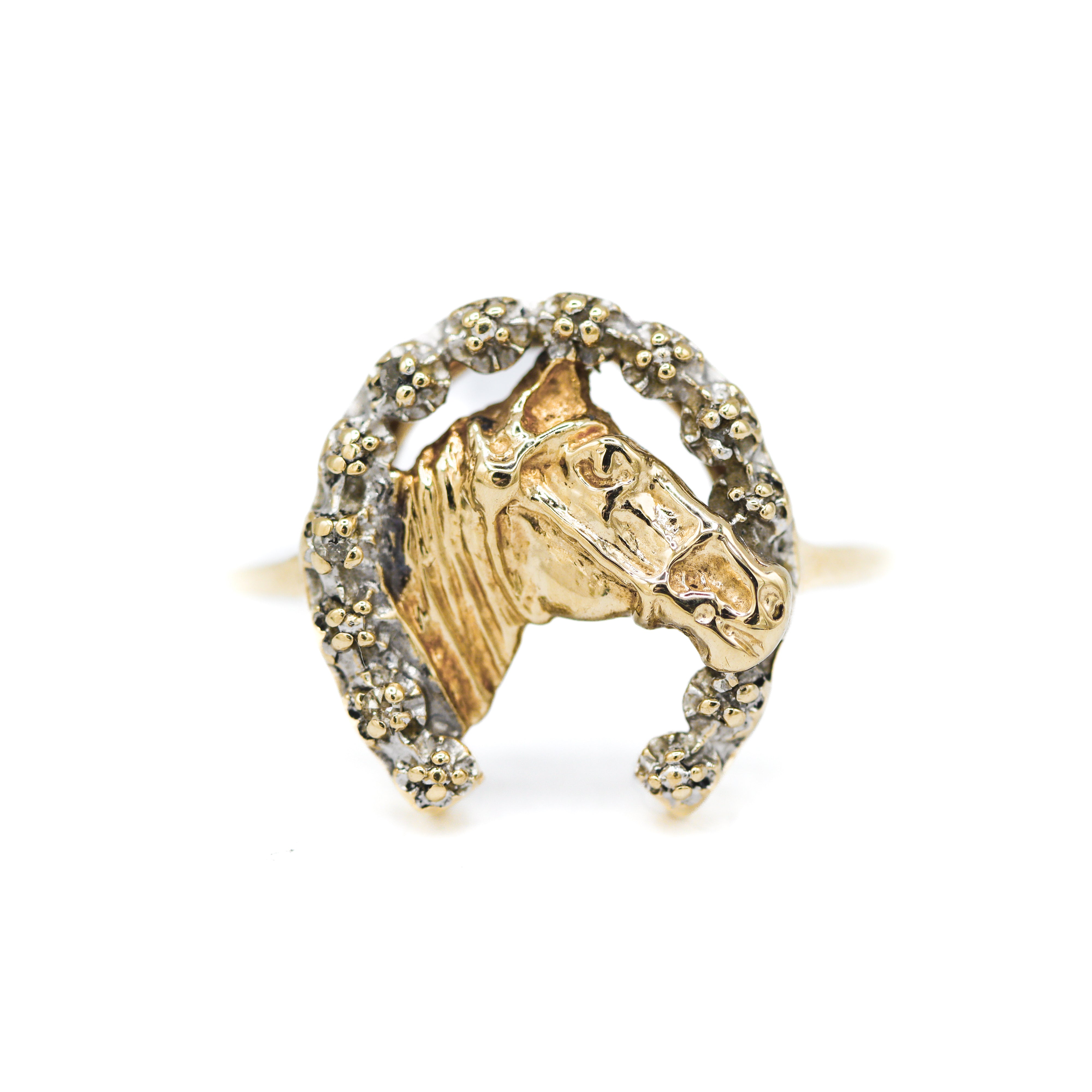 front view estate 10k yellow gold horse and horseshoe ring