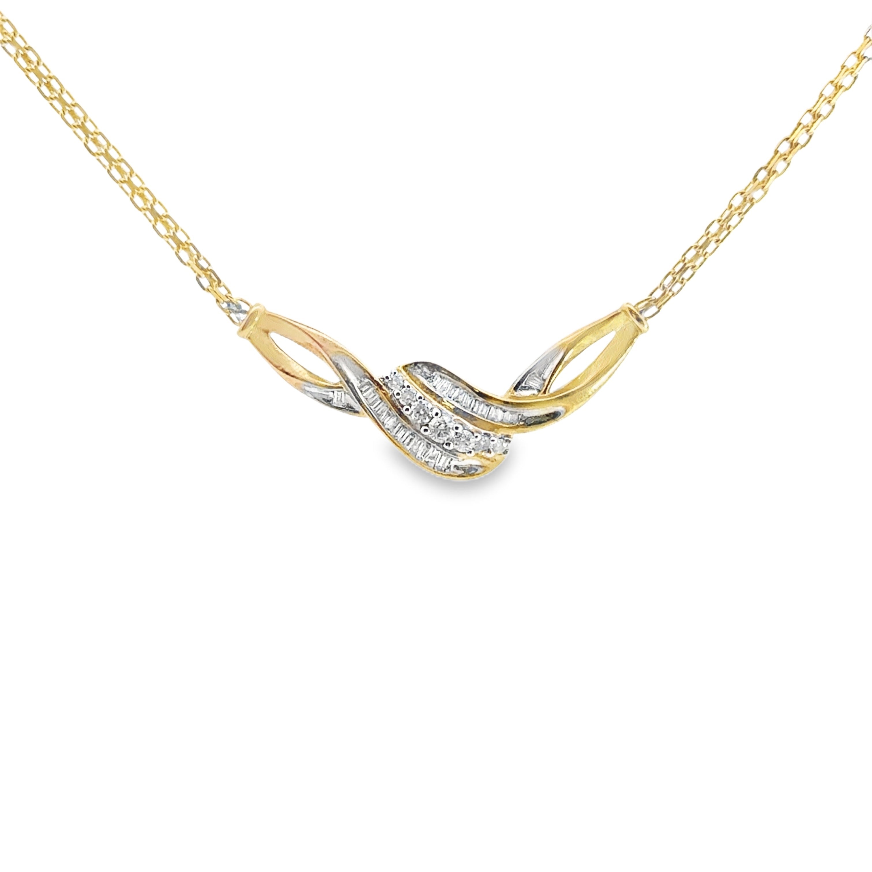 Front 10K Yellow Gold Elegant 0.25CTW. Diamond Necklace With Round & Baguette Accents