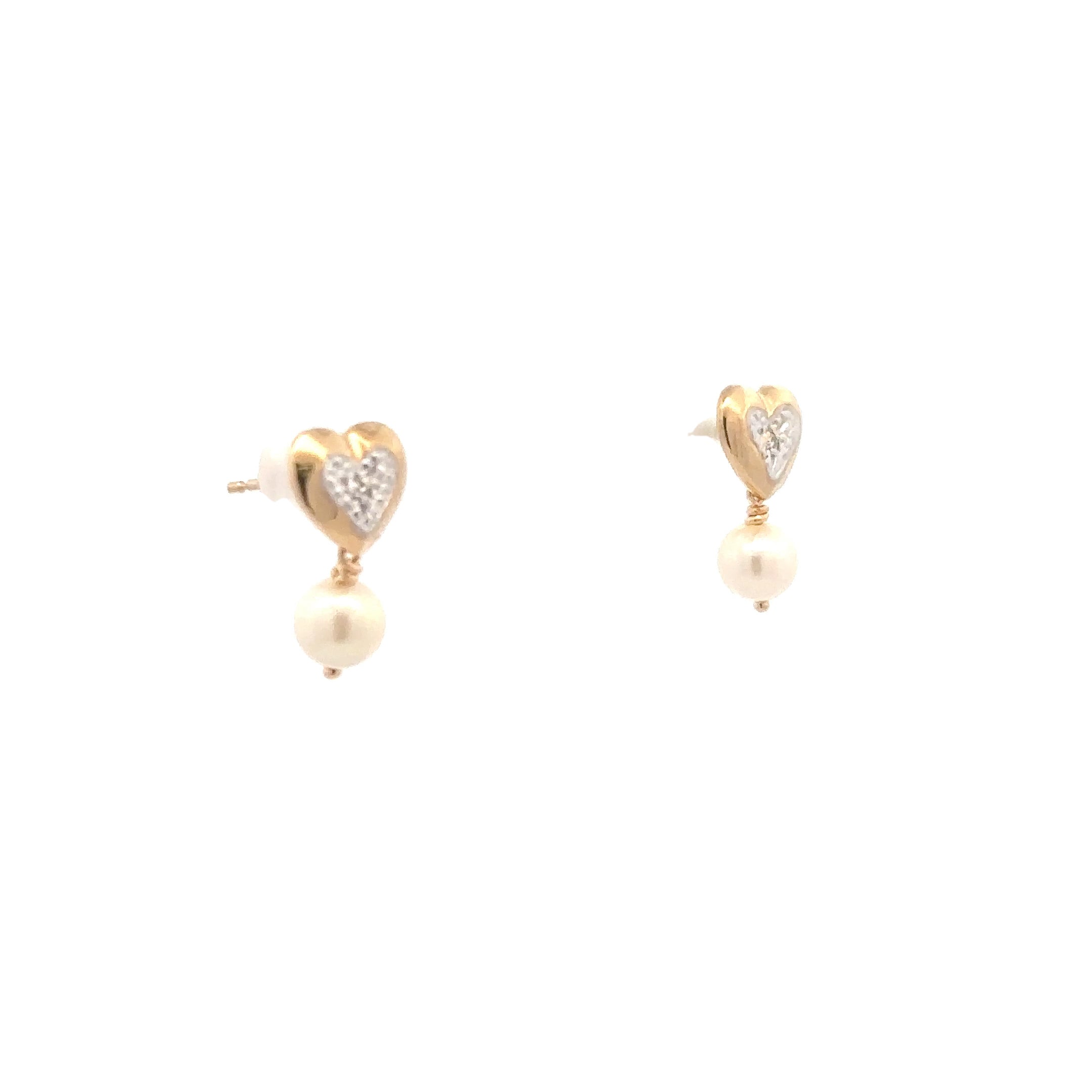 Estate Collection: 14K Yellow & White Gold Two-Toned Heart with Pearl Dangle Stud Earrings