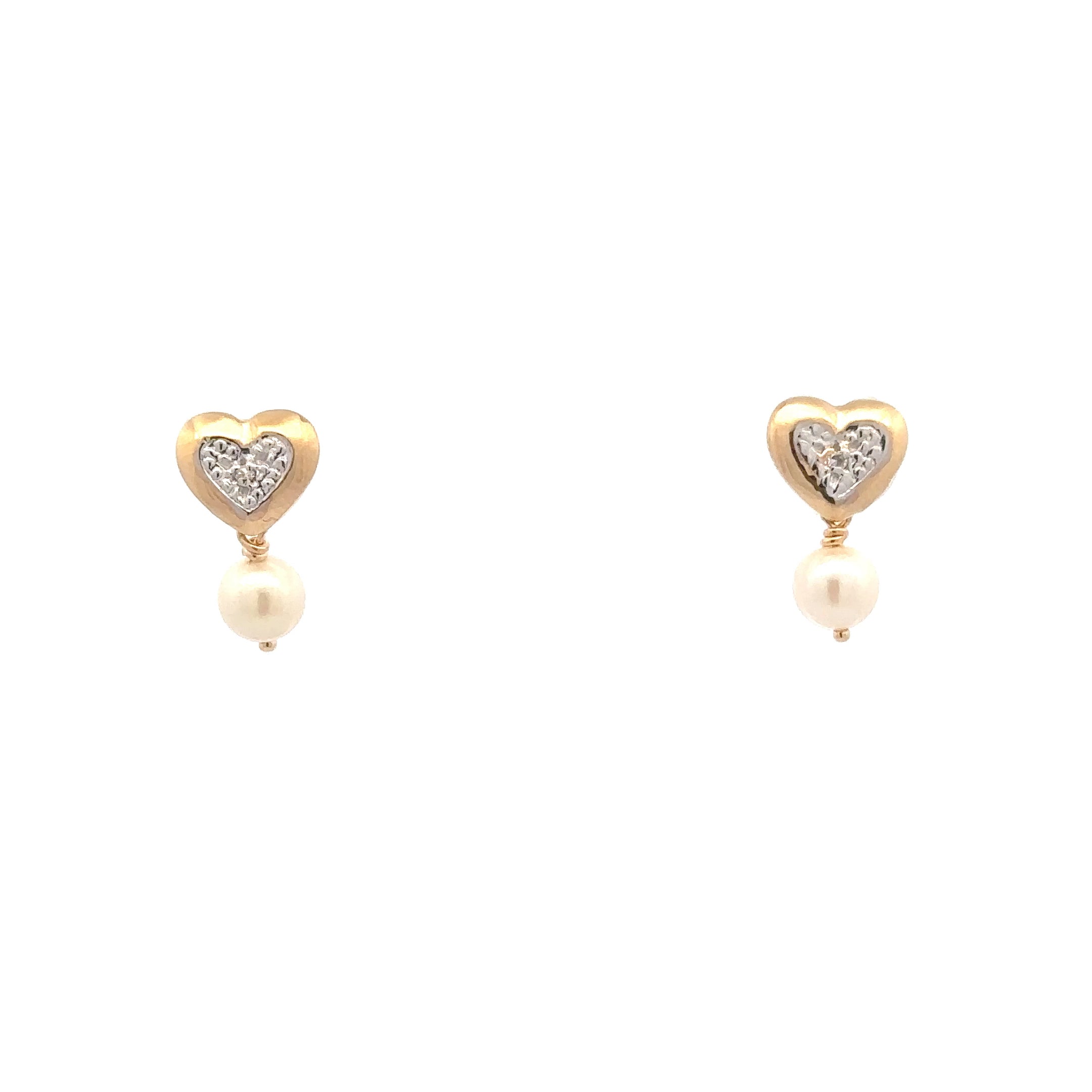 Estate Collection: 14K Yellow & White Gold Two-Toned Heart with Pearl Dangle Stud Earrings