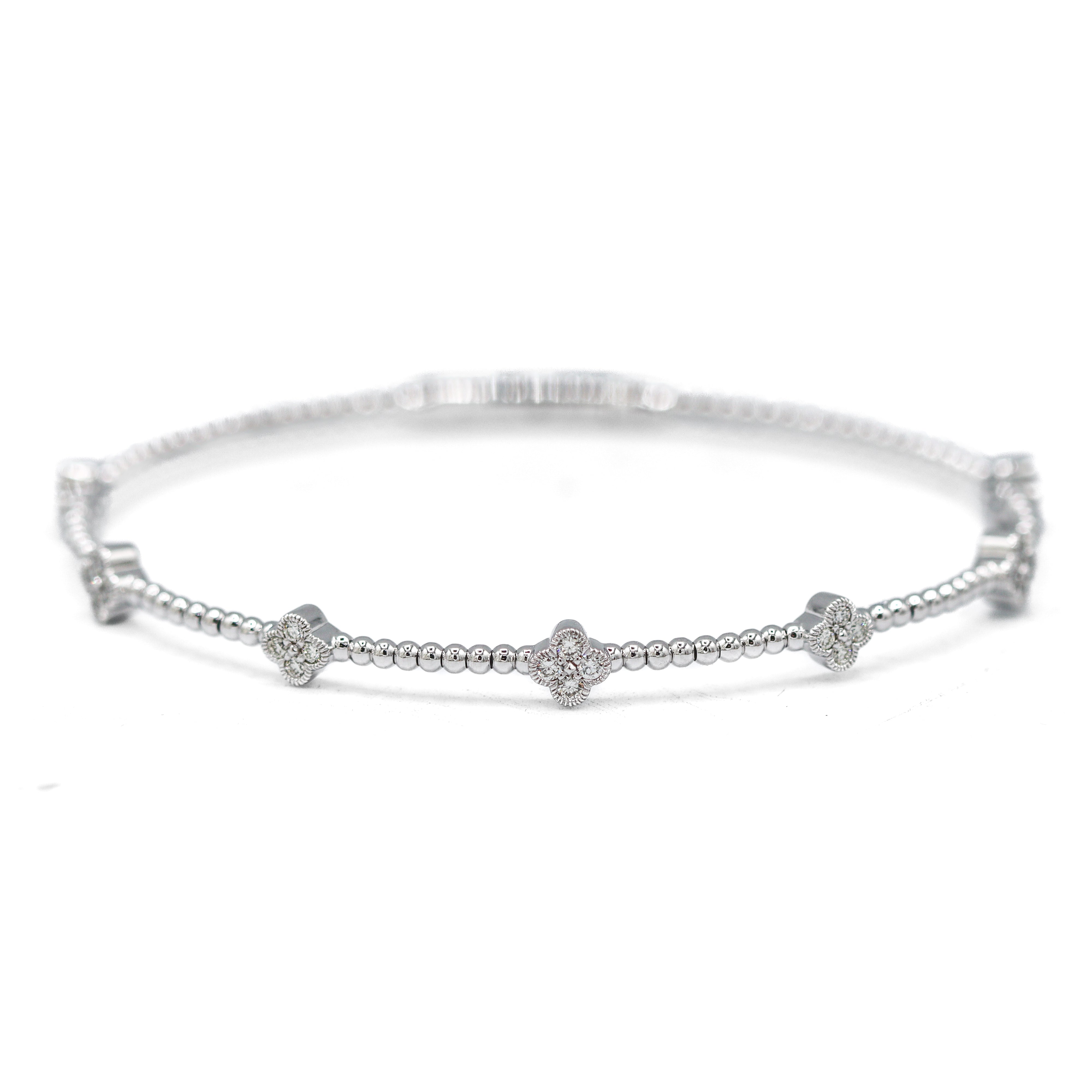14K White Gold 3/8CTW. Diamond Clover Flexi Bangle Bracelet