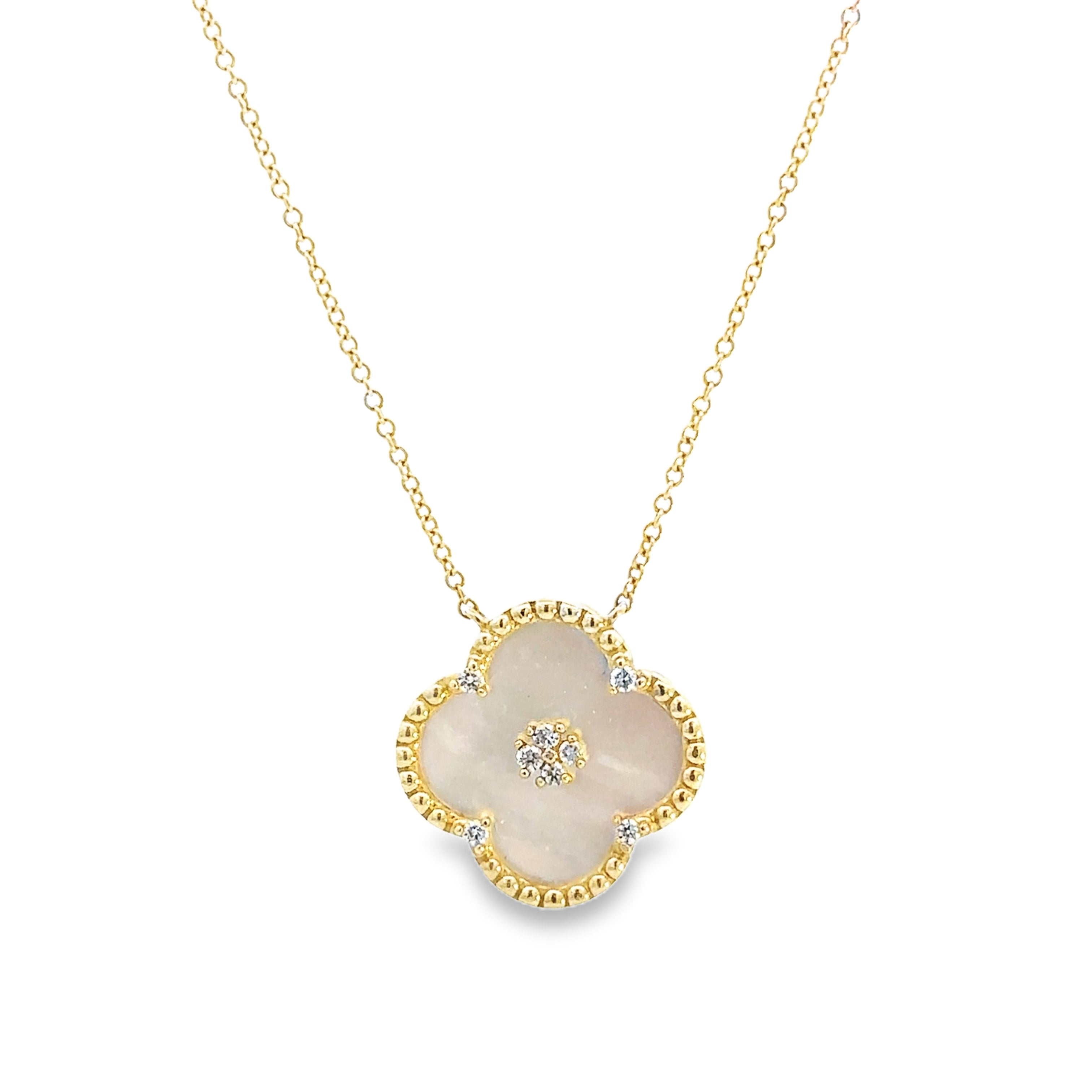 14K Yellow Gold Diamond & Mother of Pearl Clover Pendant Necklace with white background.