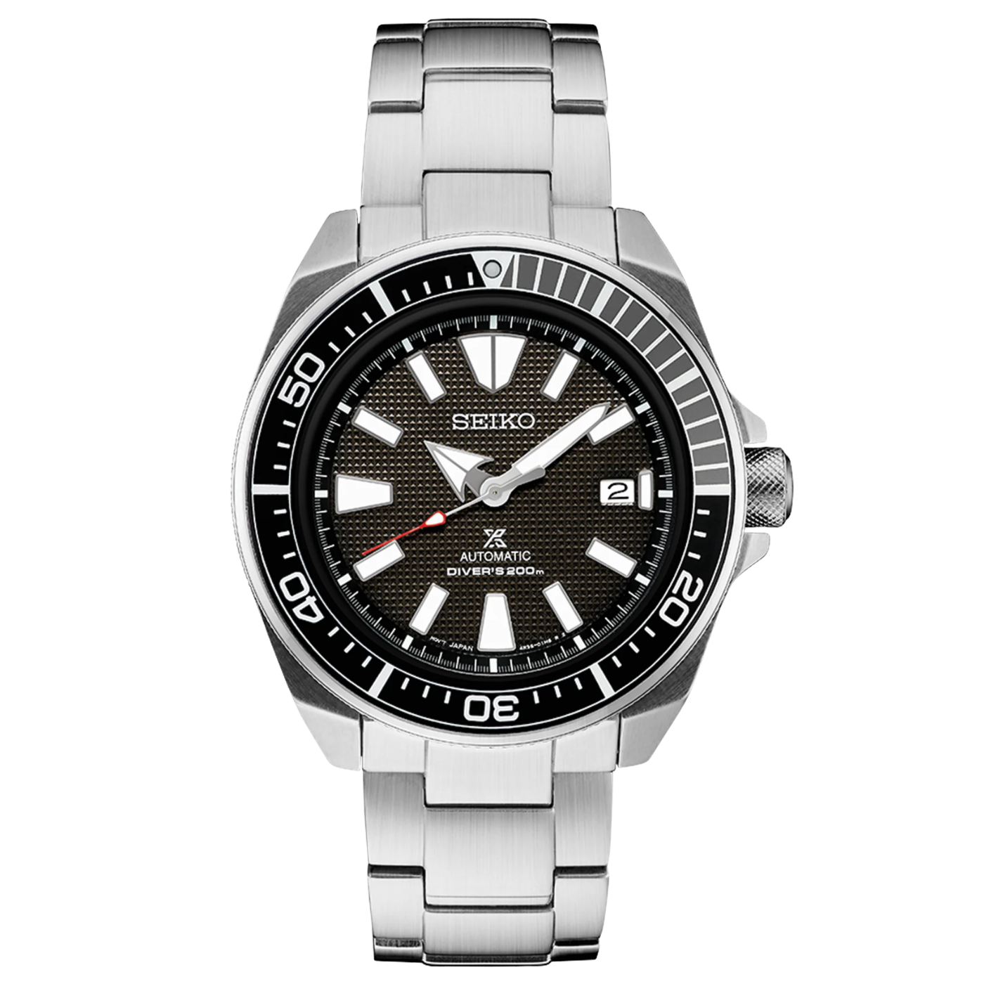 Seiko watch with black dial and silver metal strap on a white background