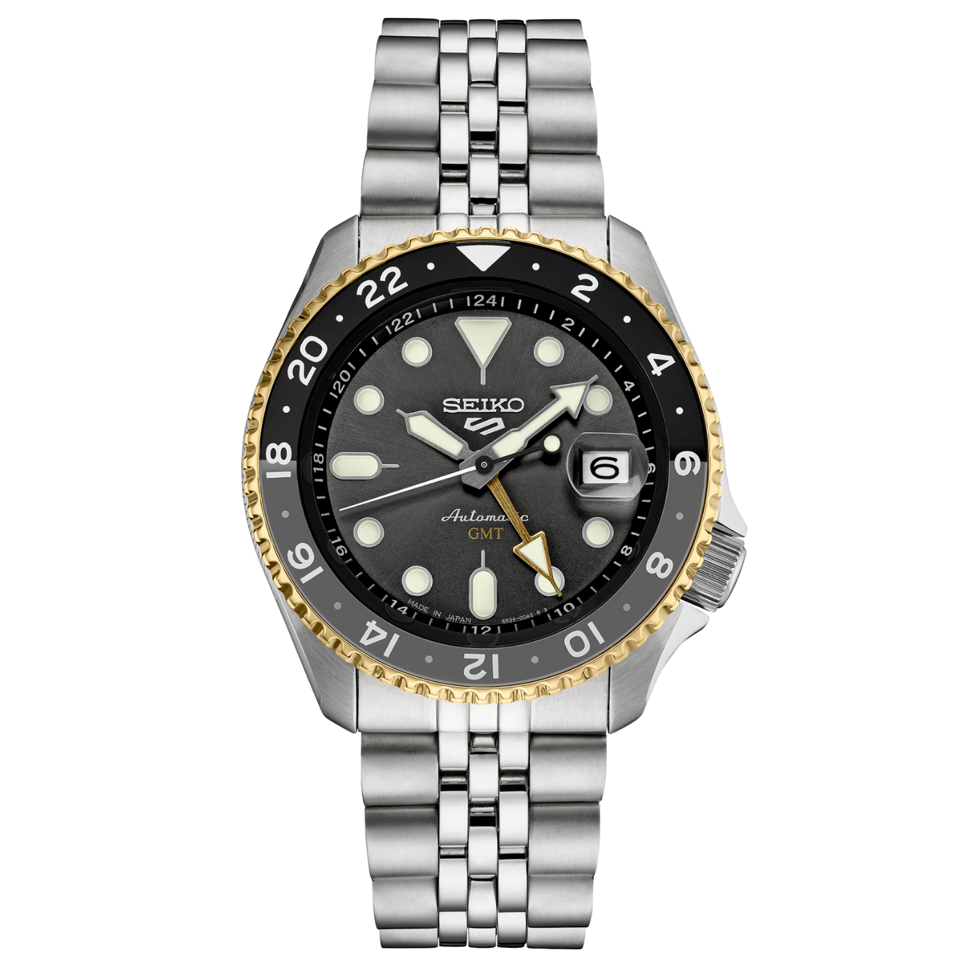 Seiko watch with silver and gold band on a white background