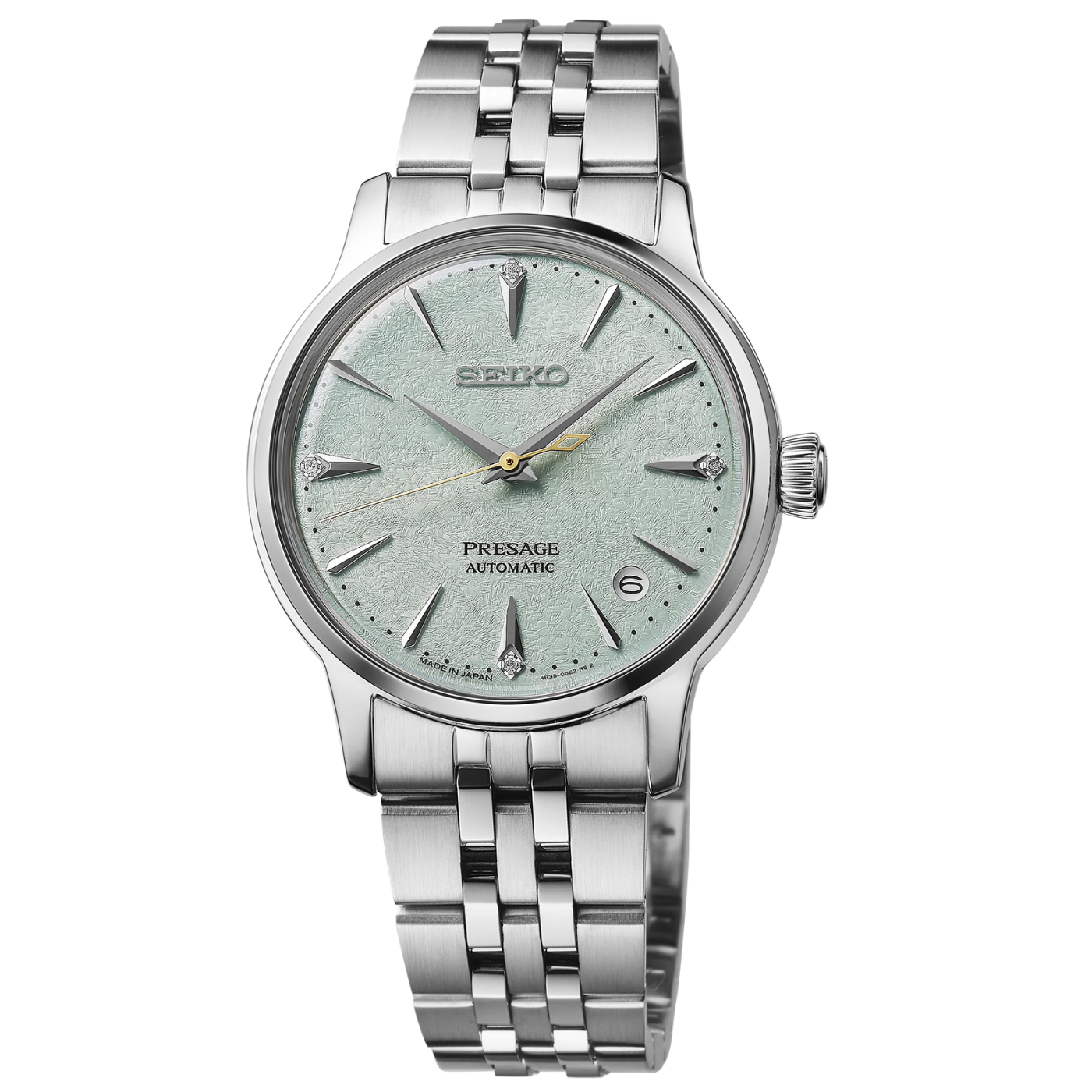 Seiko Presage watch with silver metal bracelet on a white background