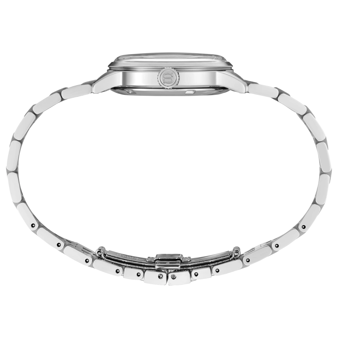 Close-up of a silver watch band on a white background