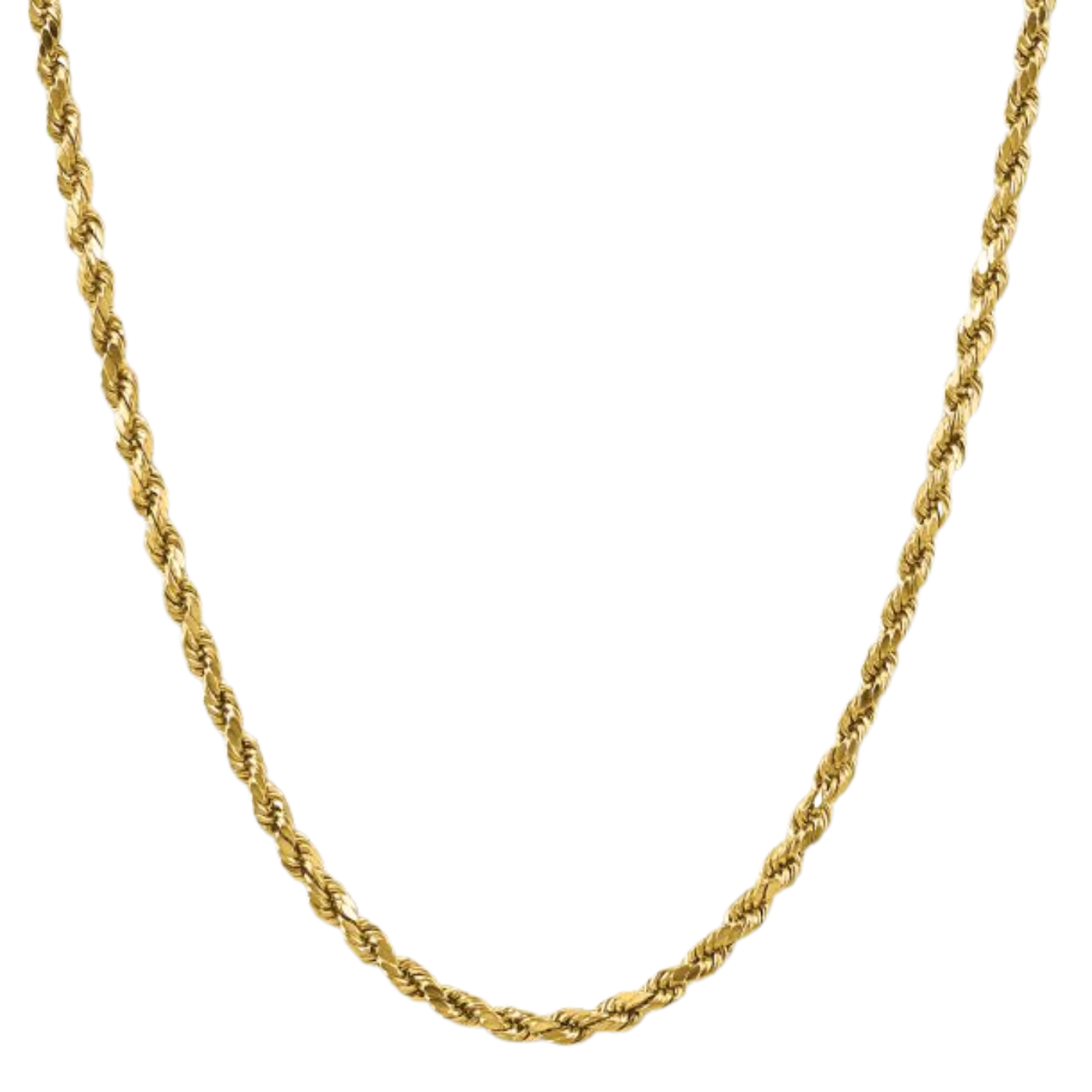 Gold rope chain necklace on a white background
