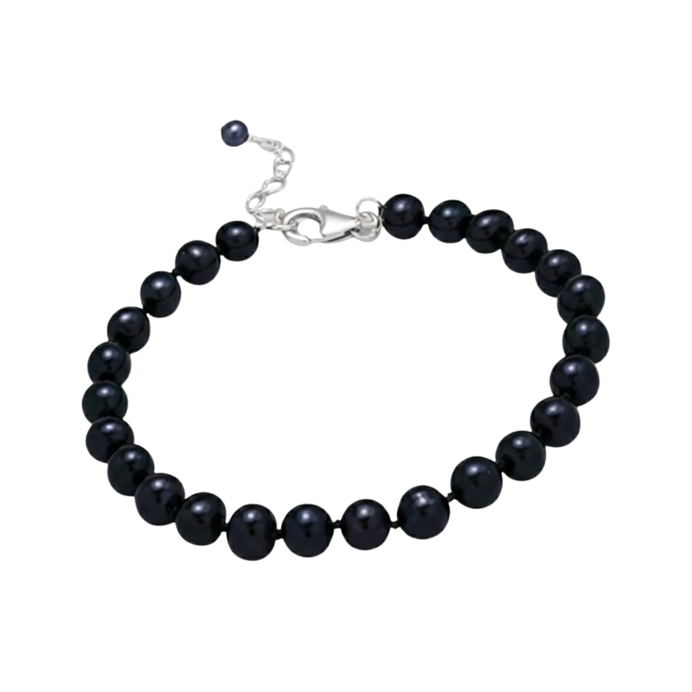 Black beaded bracelet with silver clasp on a white background