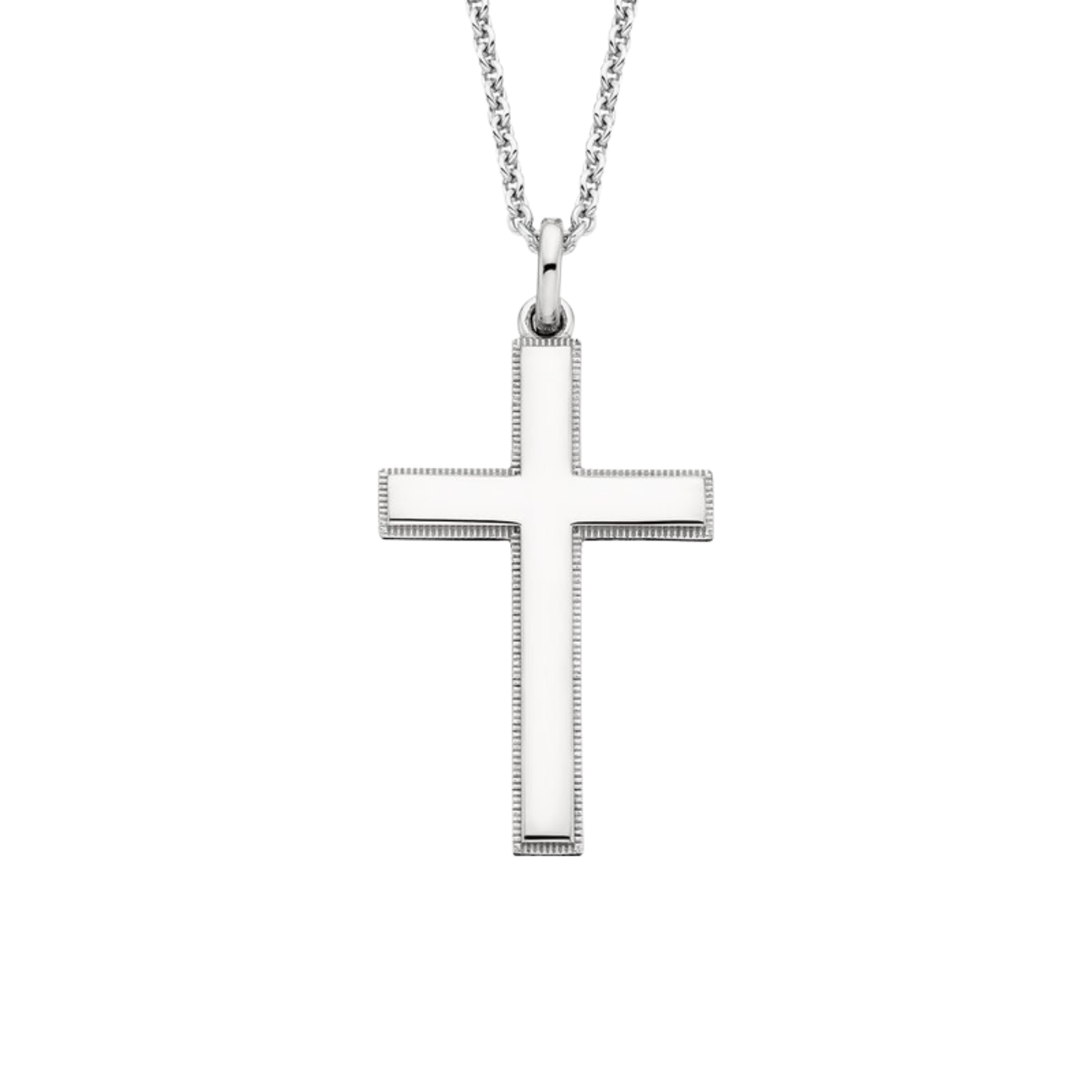 Silver cross pendant on a white background