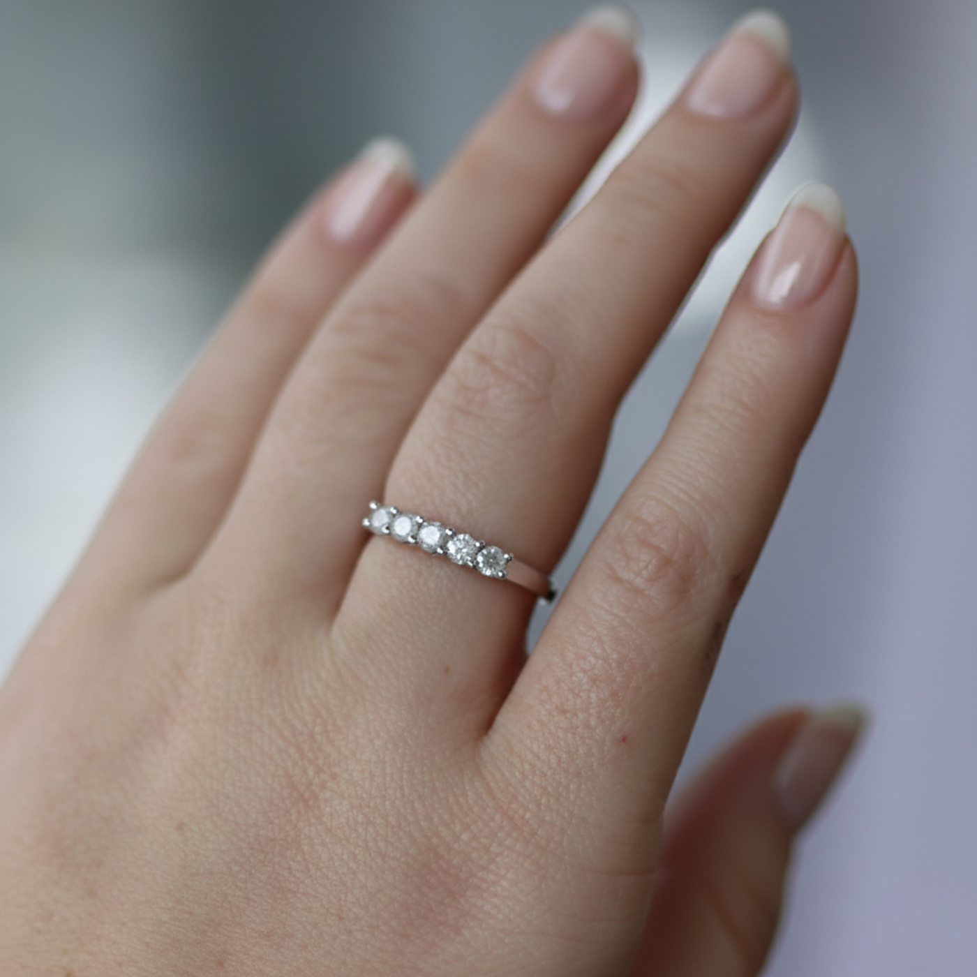Close-up of a hand wearing a diamond ring with a blurred background