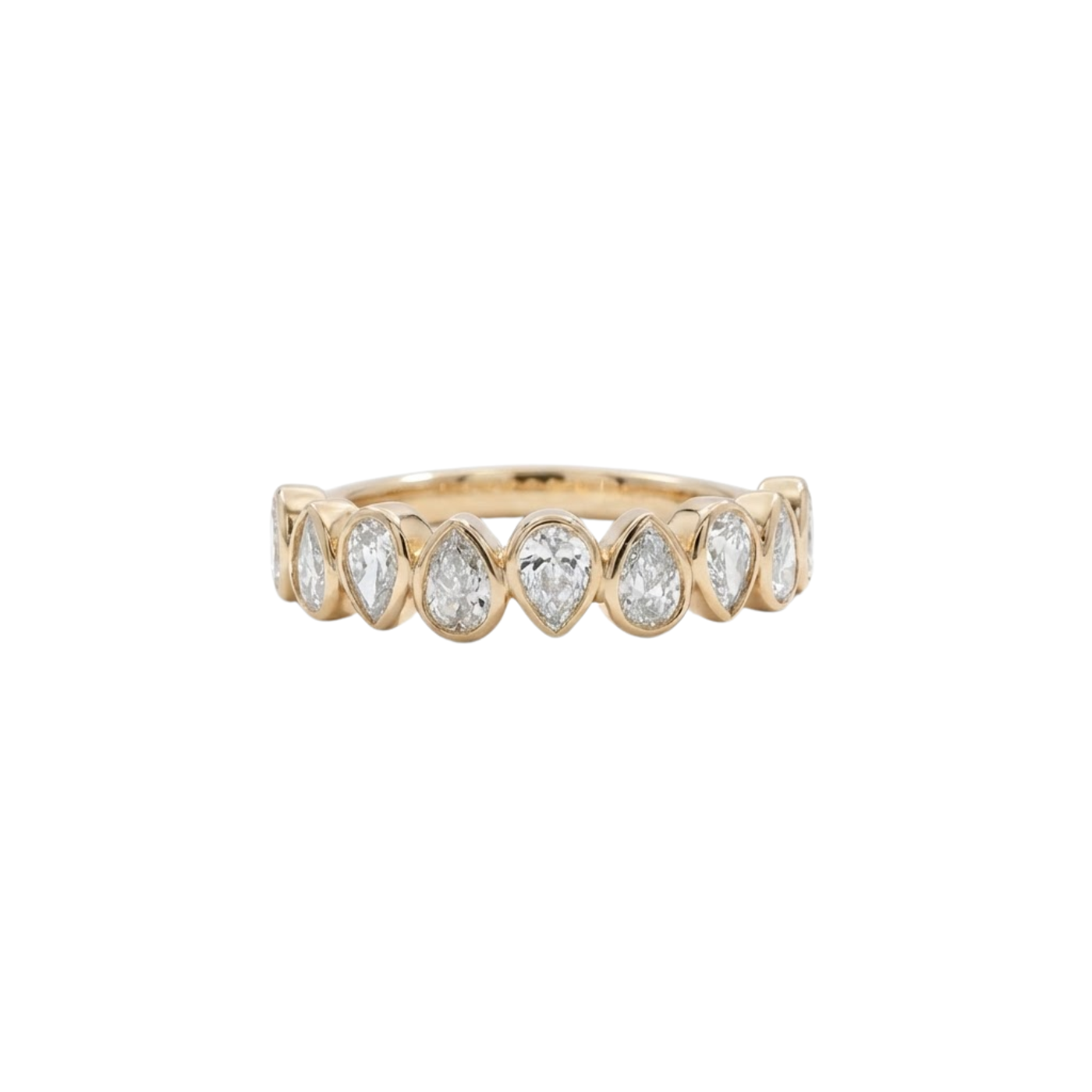 Gold ring with pear-shaped diamonds on a white background