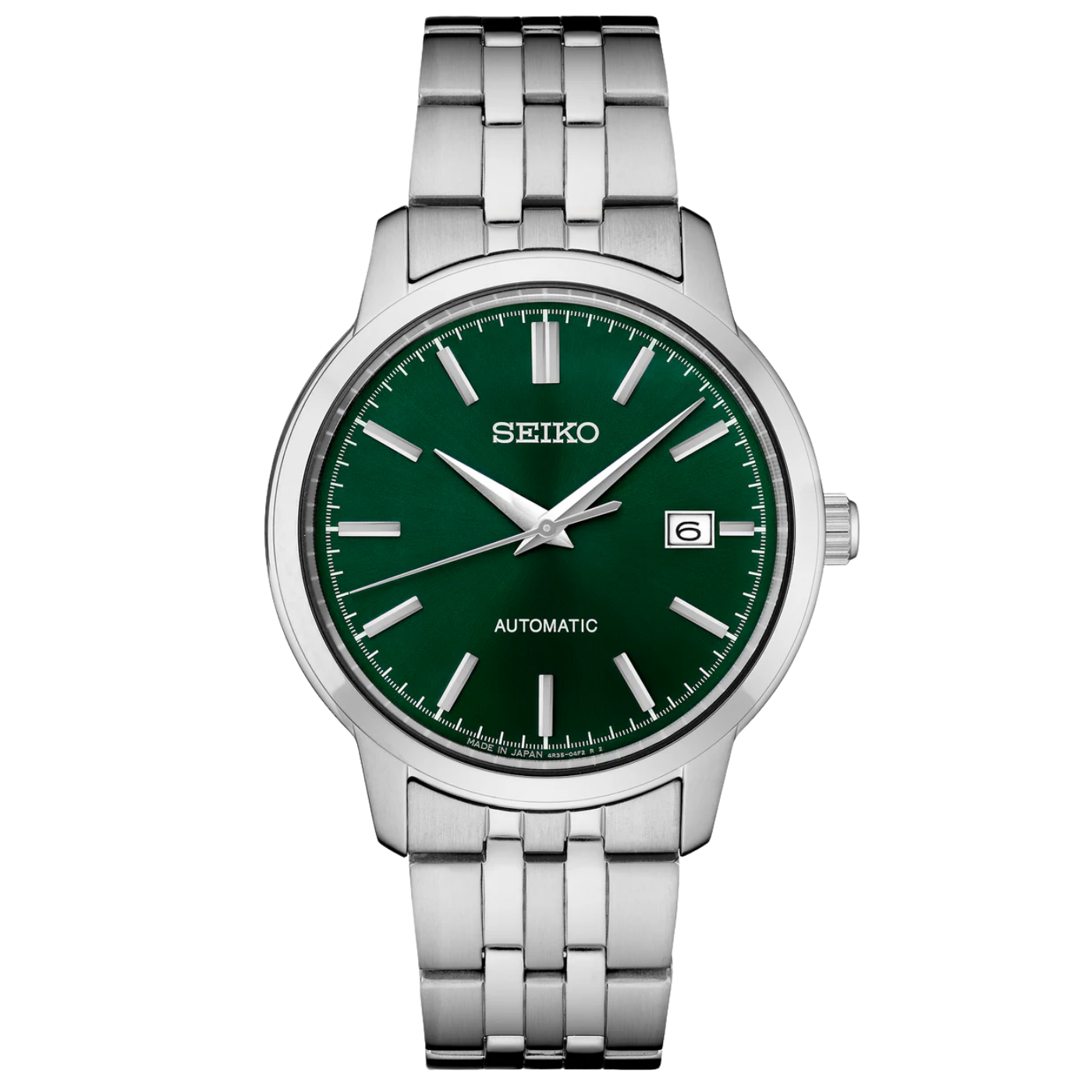 Seiko watch with green dial and silver metal bracelet on a white background