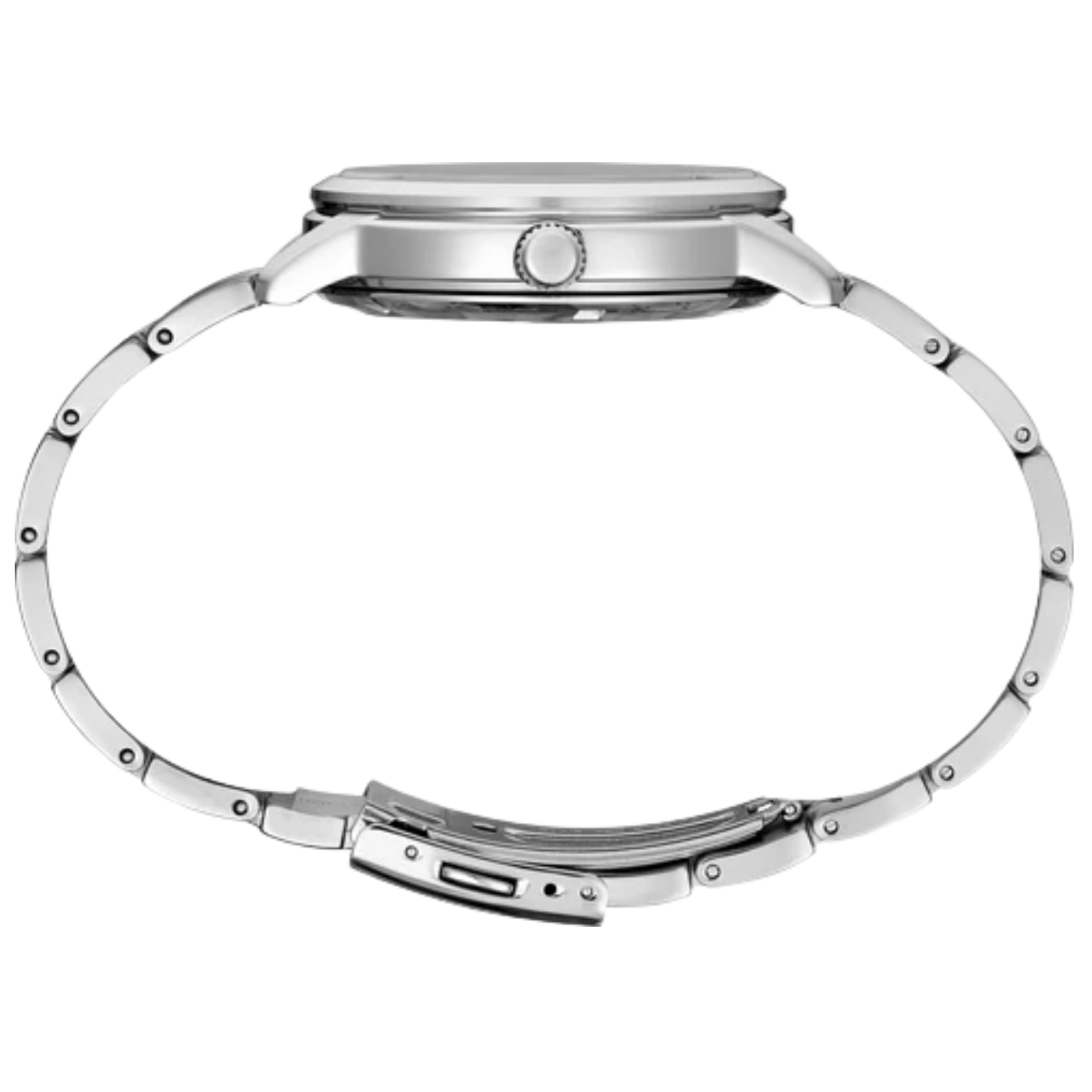 Close-up of a silver watch band on a white background