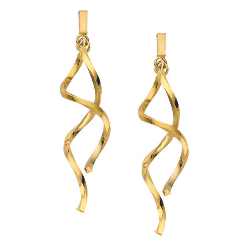 Front View of 14K Yellow Gold Twisting Dangle Stud Earrings