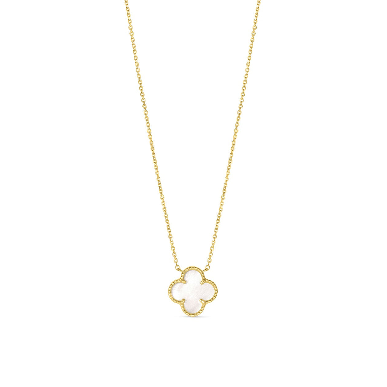 14K Yellow Gold Italian White Mother of Pearl Solitaire Clover Necklace