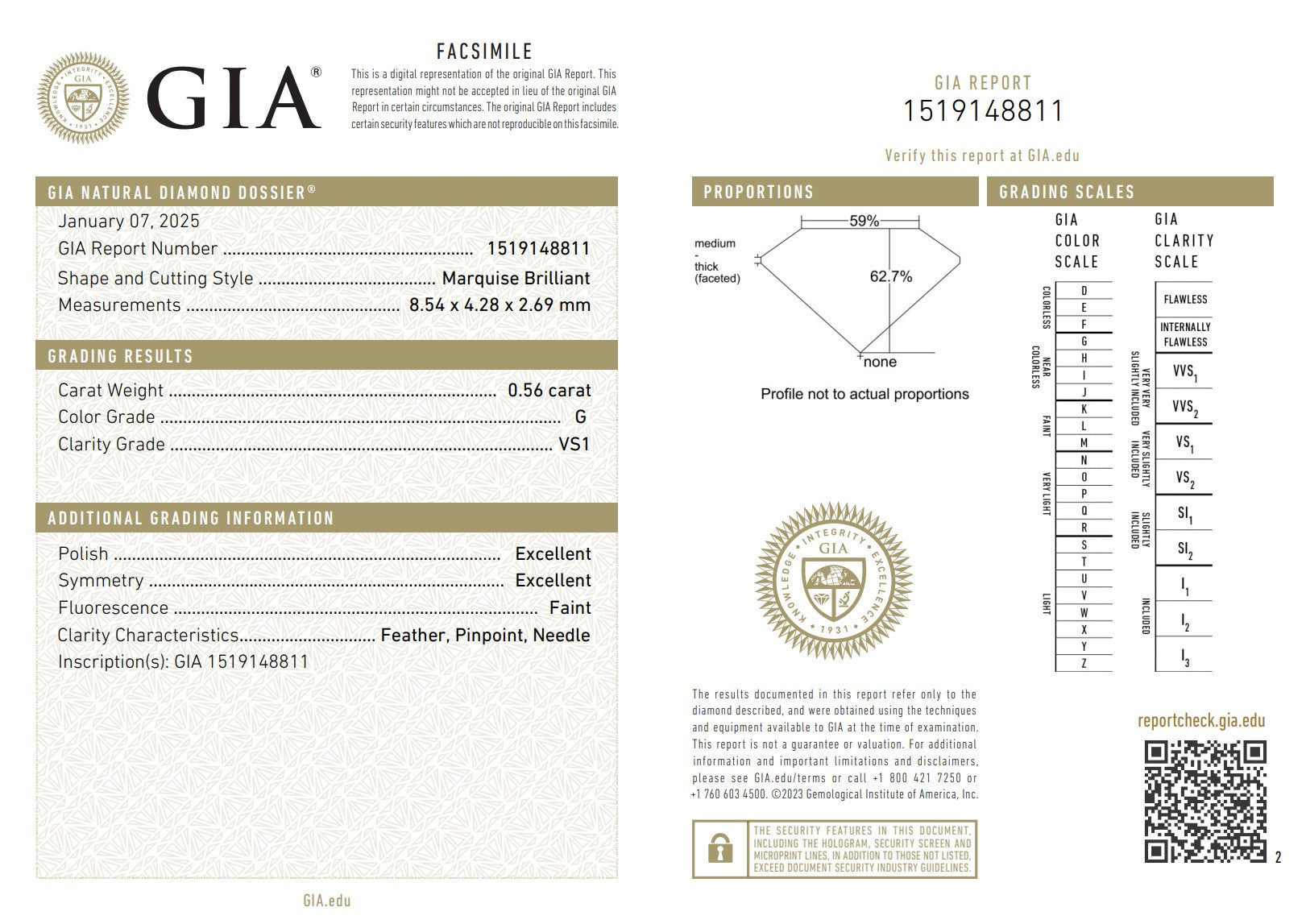 Image of the GIA Diamond Report for this ring's center stone.