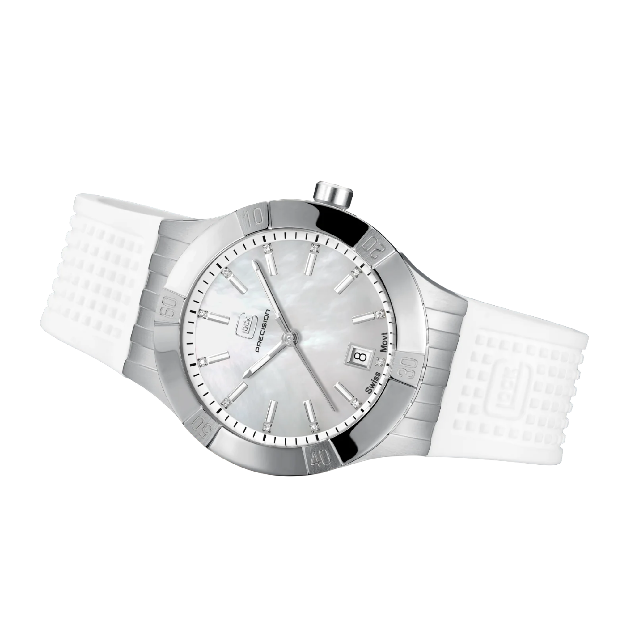 Laying flat view of White Silicone Strap Brushed Stainless Steel Glock Watch on white background.