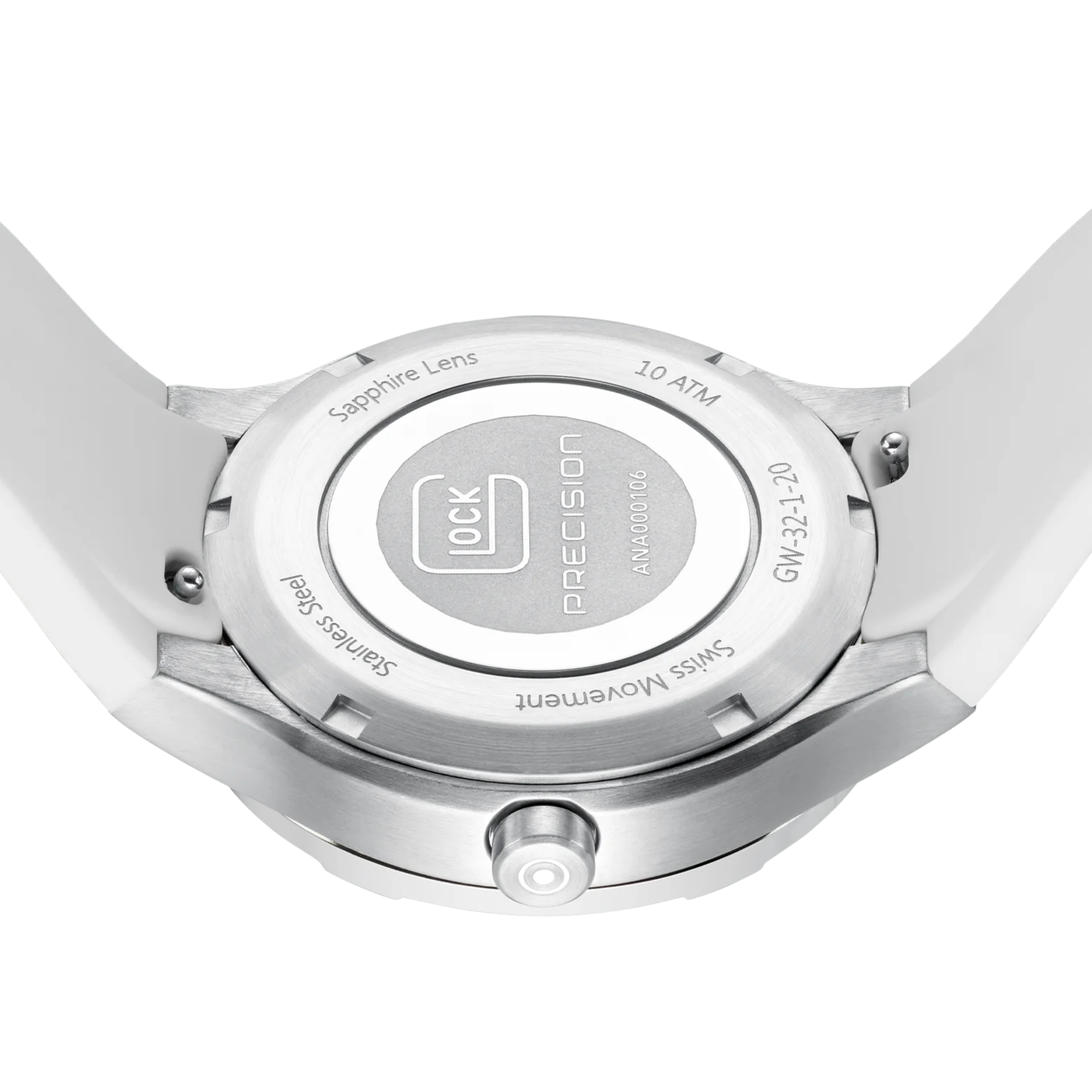 Underside view of White Silicone Strap Brushed Stainless Steel Glock Watch on white background.
