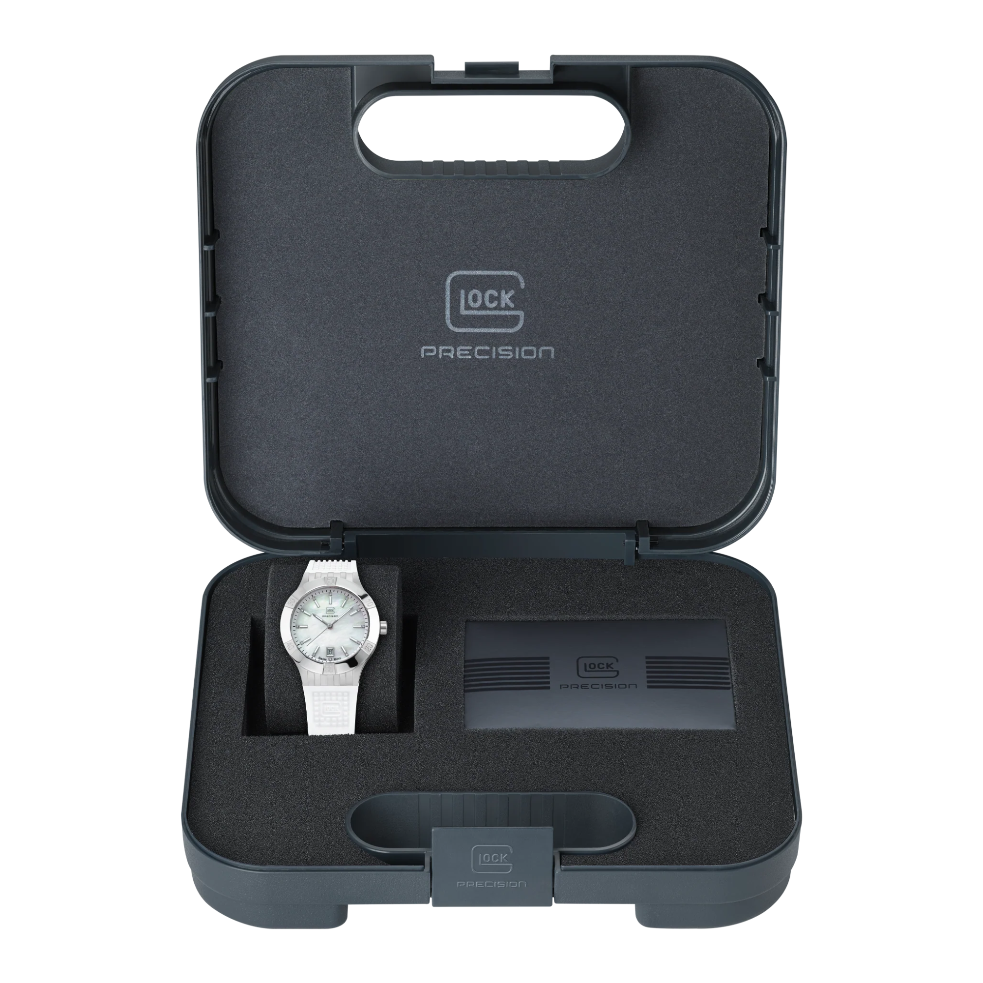 White Silicone Strap Brushed Stainless Steel Glock Watch in its case, on white background.