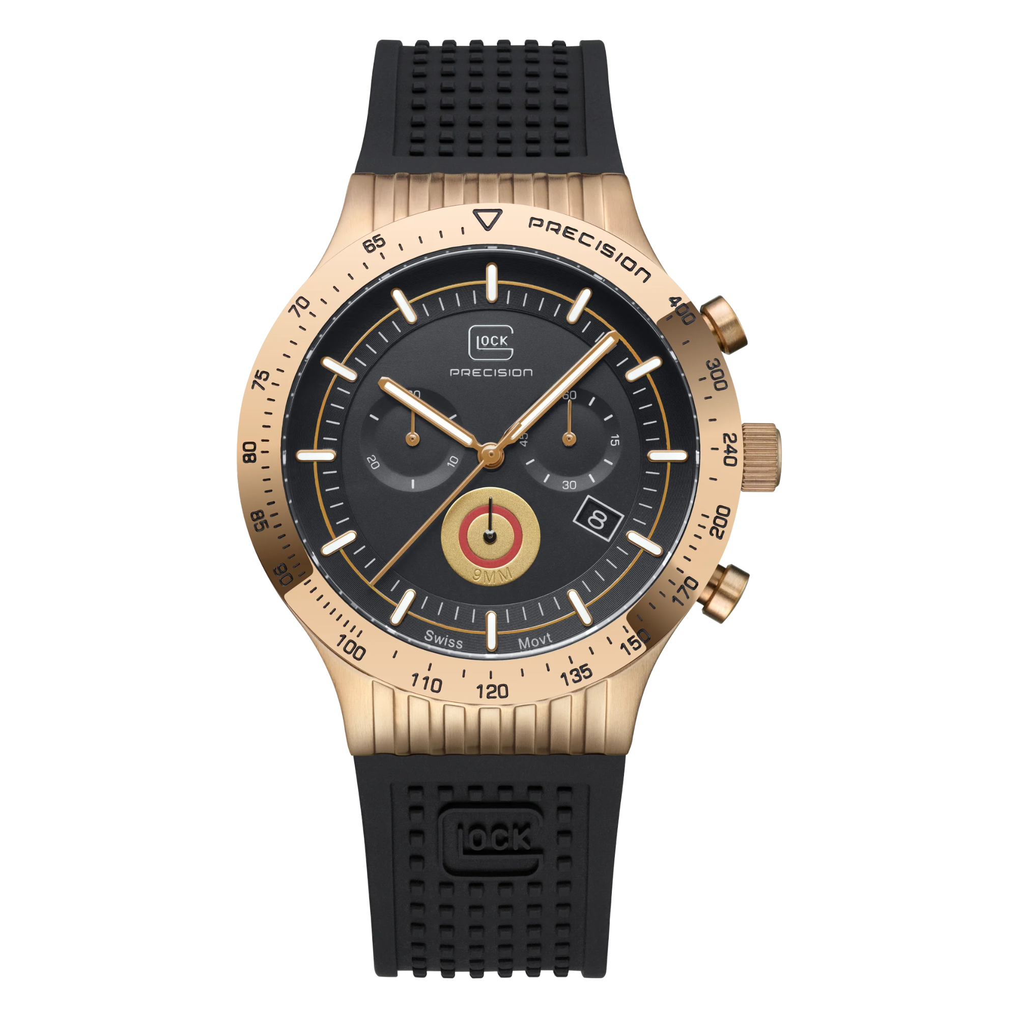 Front view of Coyote-Tone Stainless Steel Case With Black Silicone Strap Glock Watch on white background.