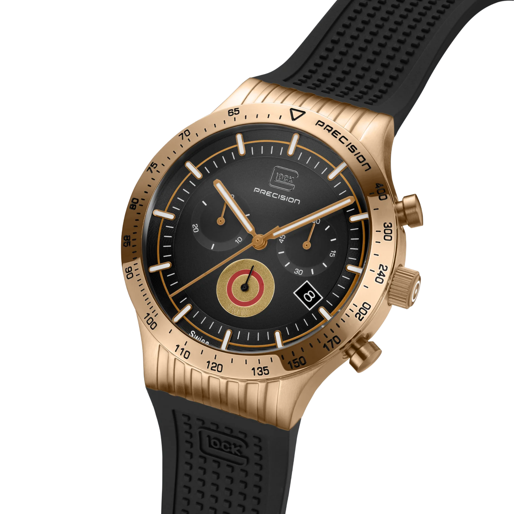 Angled view of Coyote-Tone Stainless Steel Case With Black Silicone Strap Glock Watch on white background.