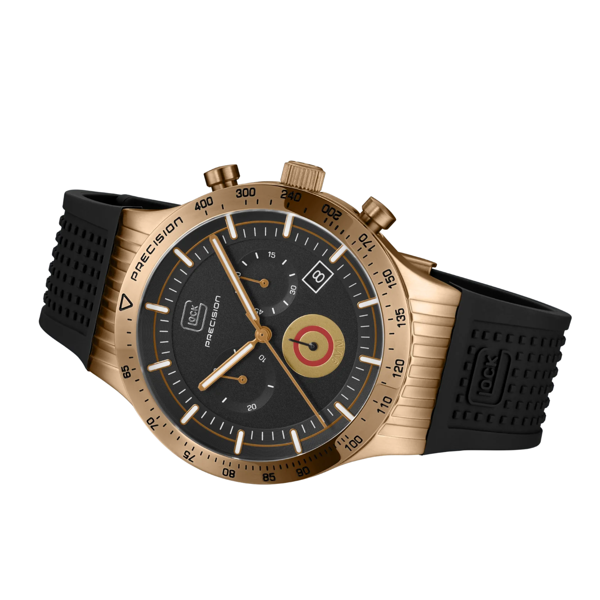 Laying flat view of Coyote-Tone Stainless Steel Case With Black Silicone Strap Glock Watch on white background.