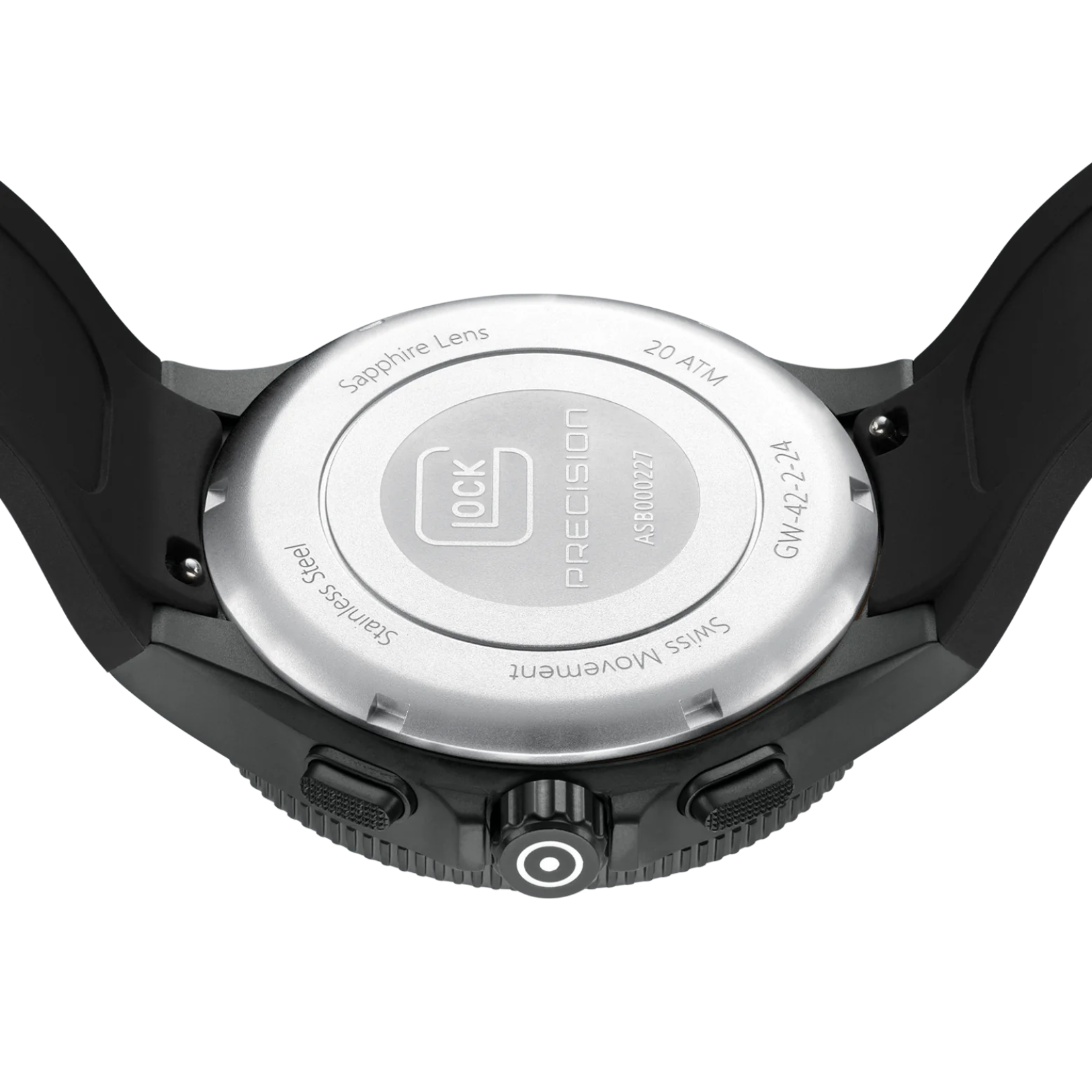 Underside view of Glock Brand Gunmetal Chronograph Glock Watch on white background.