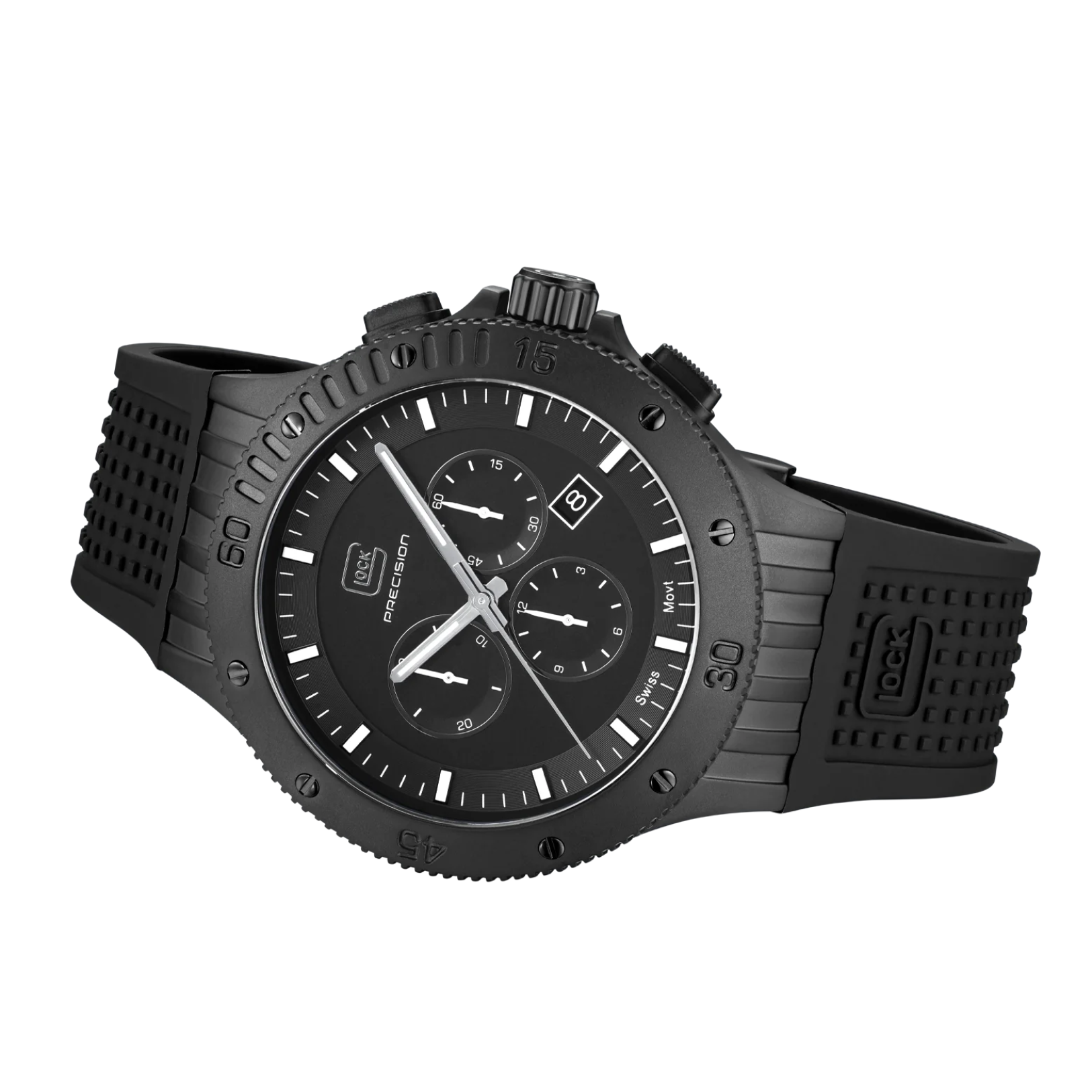 Laying flat view of Glock Brand Gunmetal Chronograph Glock Watch on white background.