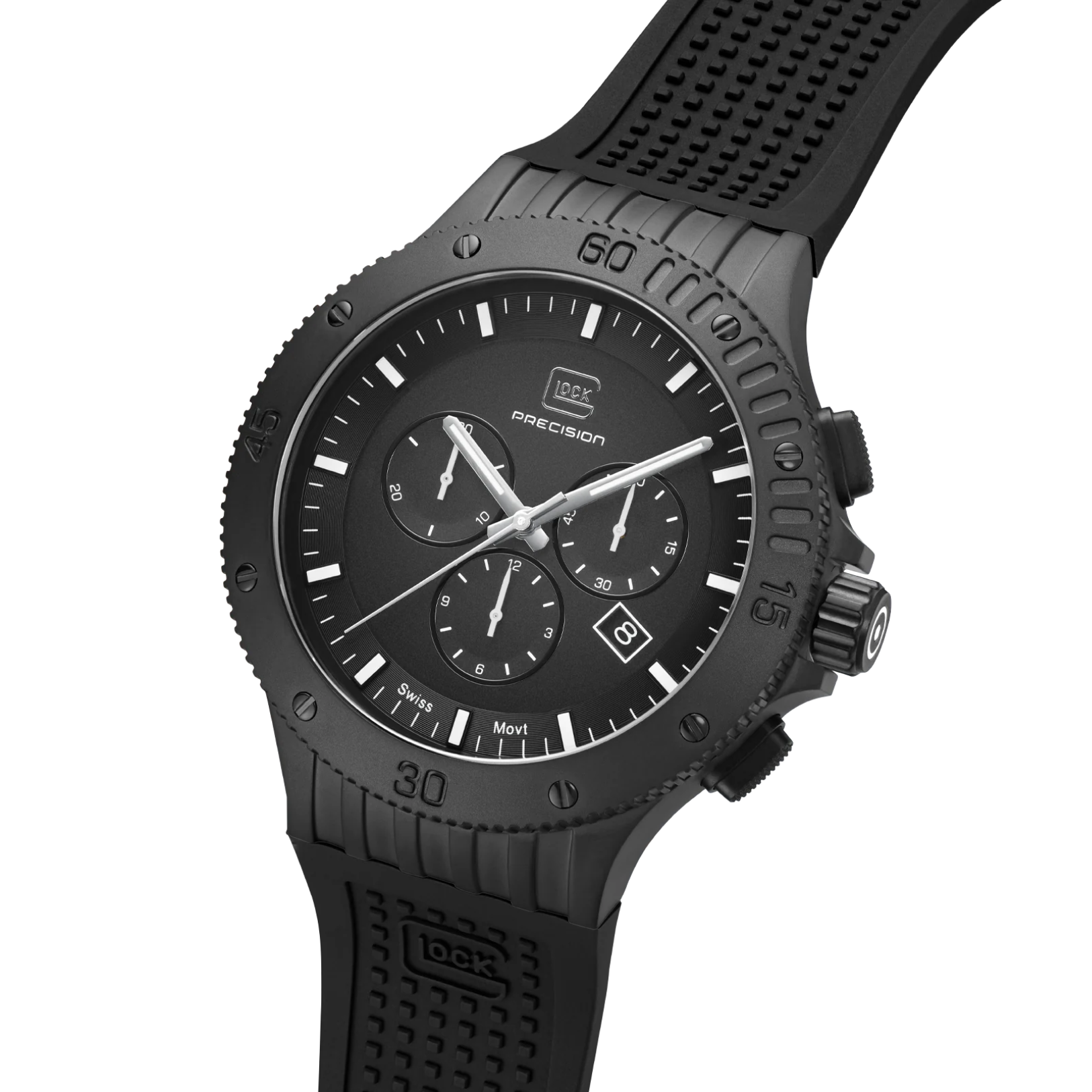 Angled view of Glock Brand Gunmetal Chronograph Glock Watch on white background.