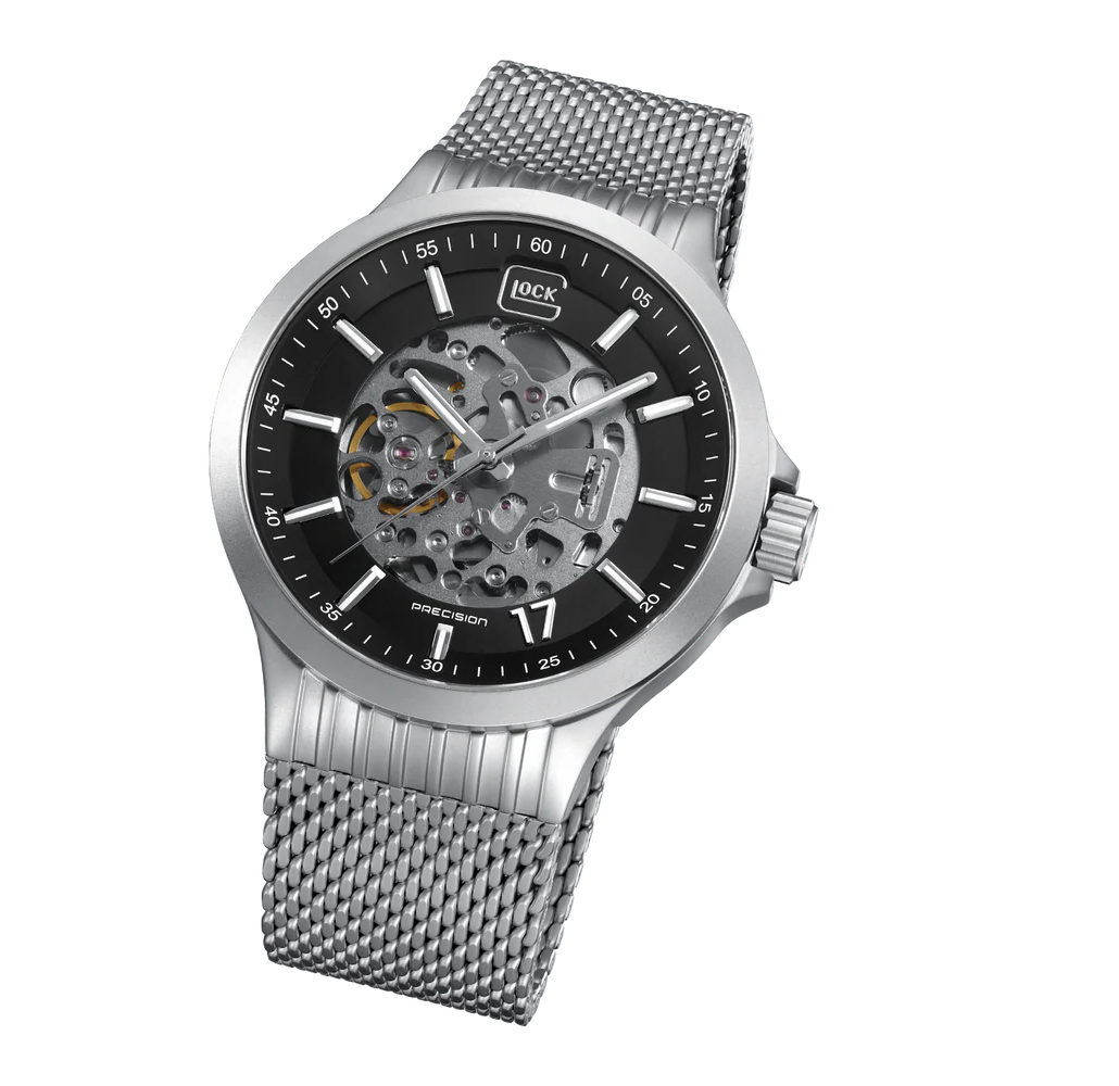 Silver watch with black face on a white background