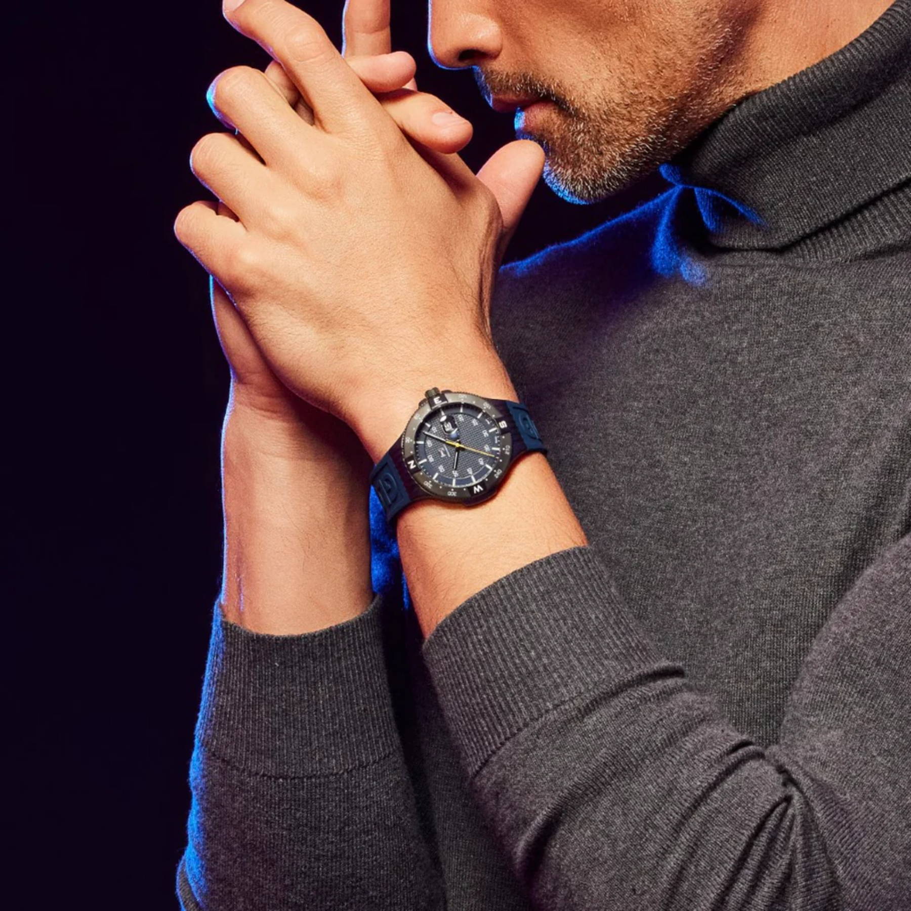 GLOCK Watch Super Sale - Gunmetal Stainless Steel with Blue Silicone Band (GW-15-2-22)
