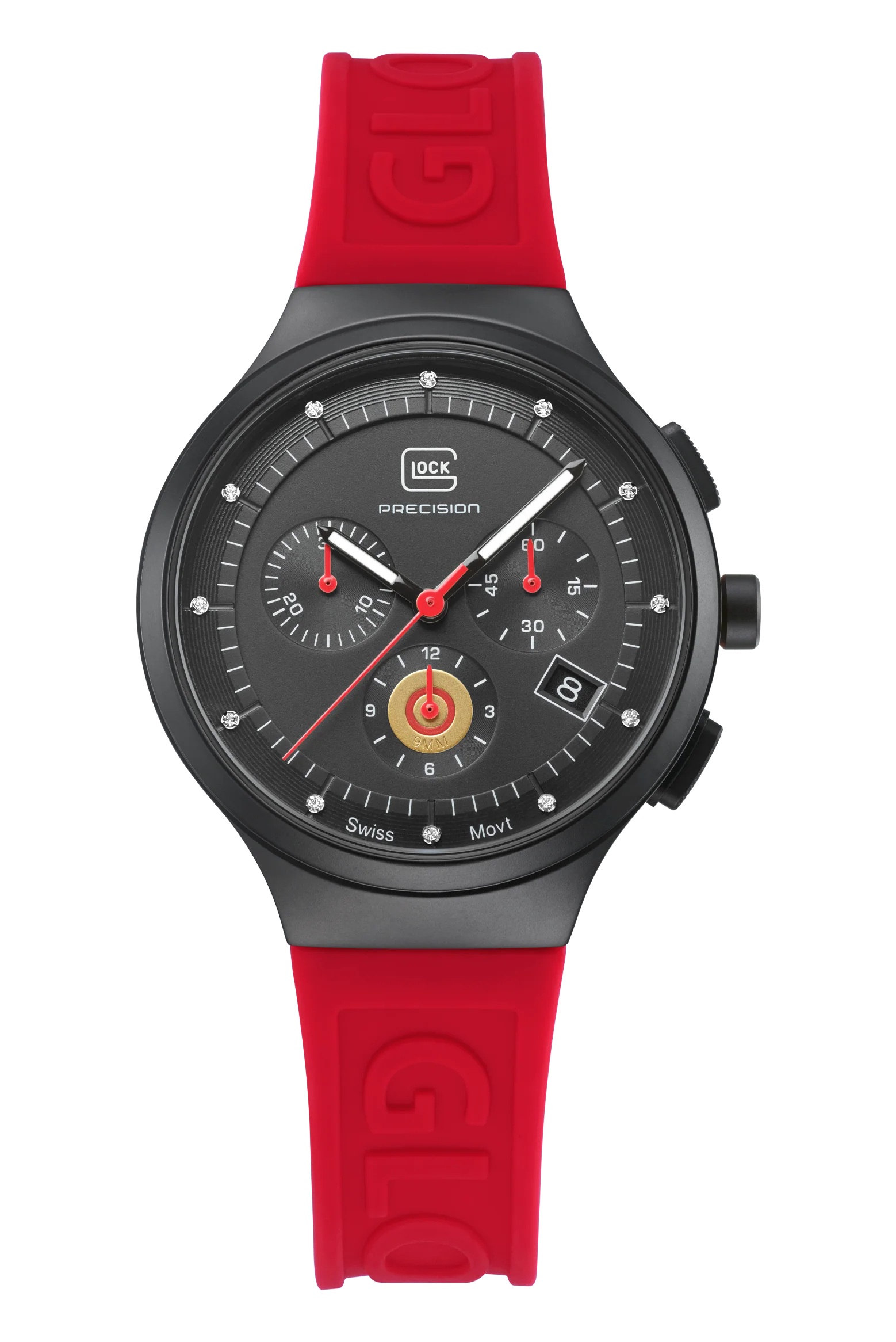 Black Stainless Steel With Red Silicone Strap Glock Watch