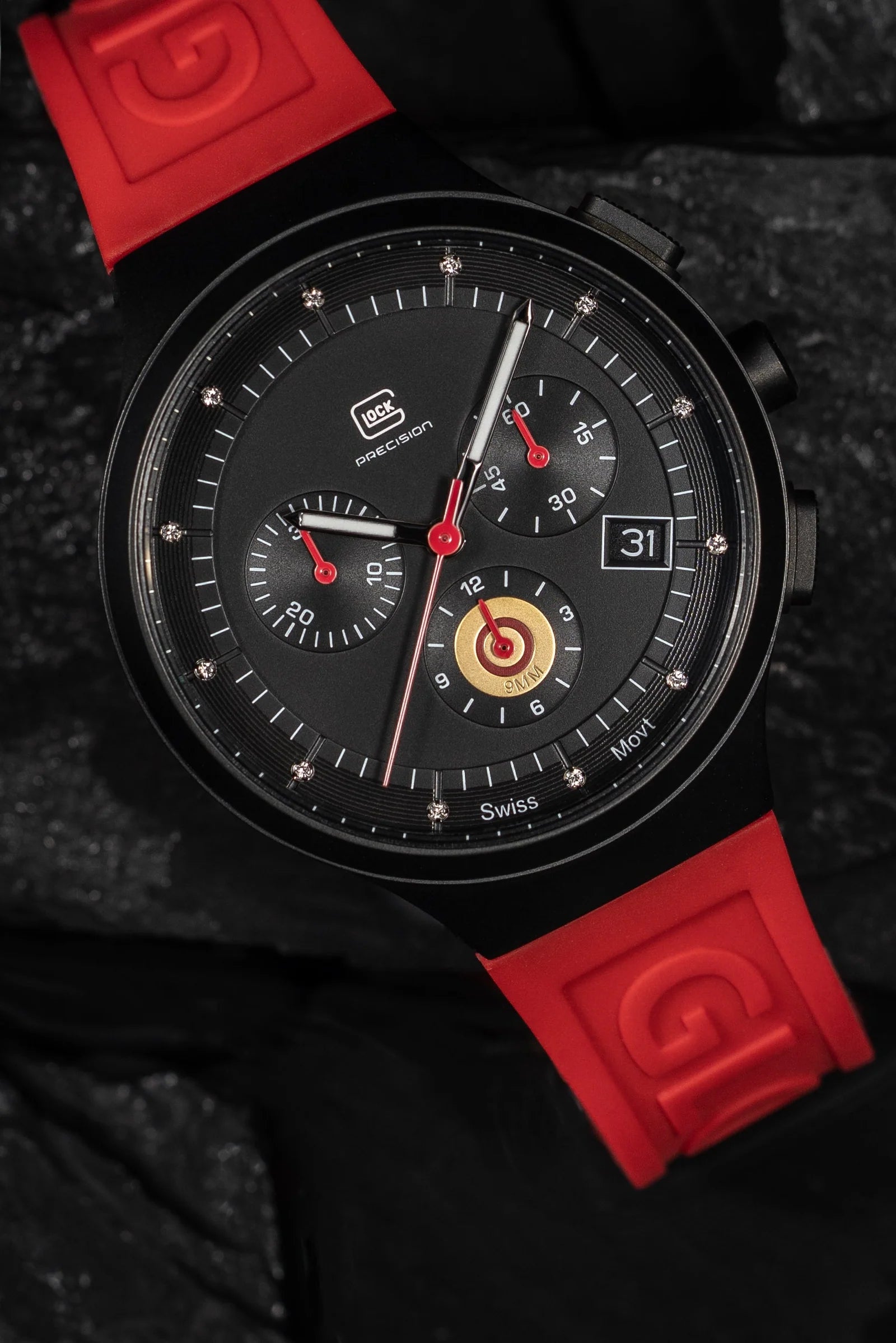 Black Stainless Steel With Red Silicone Strap Glock Watch