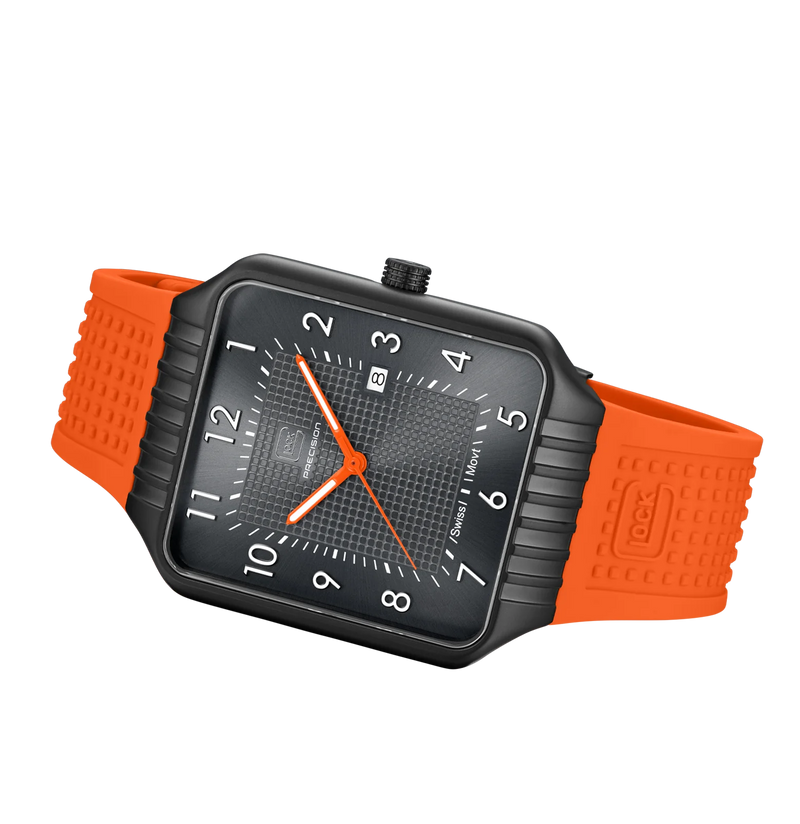 Gunmetal-finish Stainless Steel Glock Watch With Vibrant Orange Band