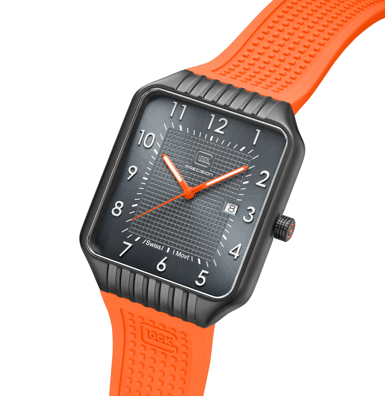 Gunmetal-finish Stainless Steel Glock Watch With Vibrant Orange Band