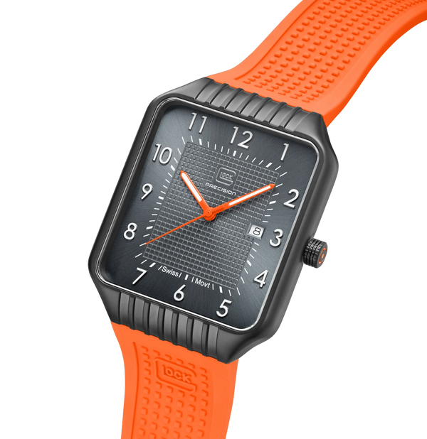 Gunmetal-finish Stainless Steel Glock Watch With Vibrant Orange Band